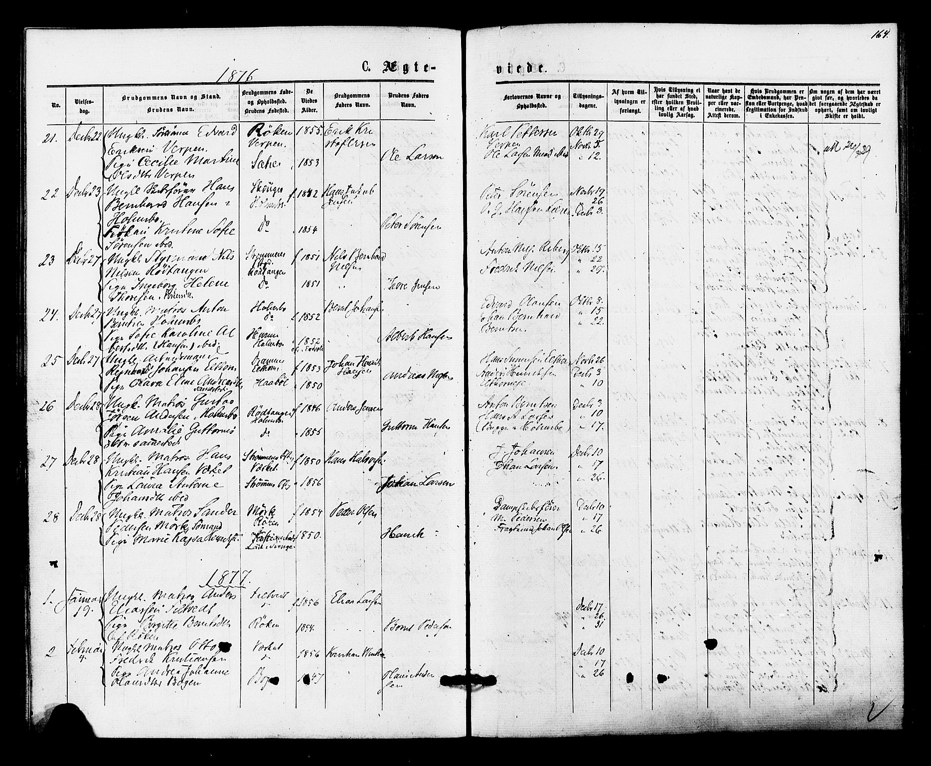 Hurum kirkebøker, AV/SAKO-A-229/F/Fa/L0013: Parish register (official) no. 13, 1876-1881, p. 164