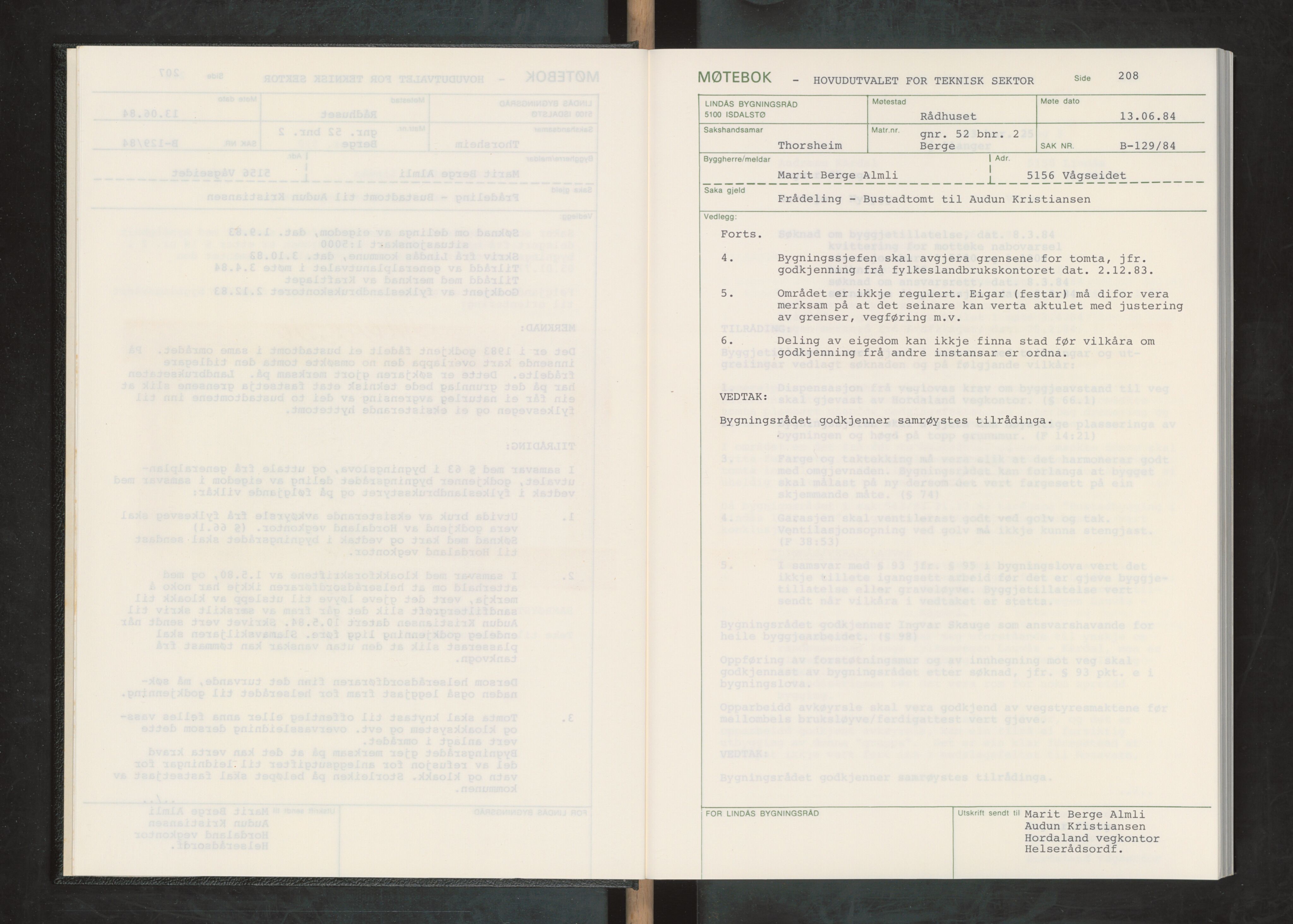 Lindås kommune. Bygningsrådet, IKAH/1263-511/A/Aa/L0052: Møtebok for Lindås bygningsråd, 1984