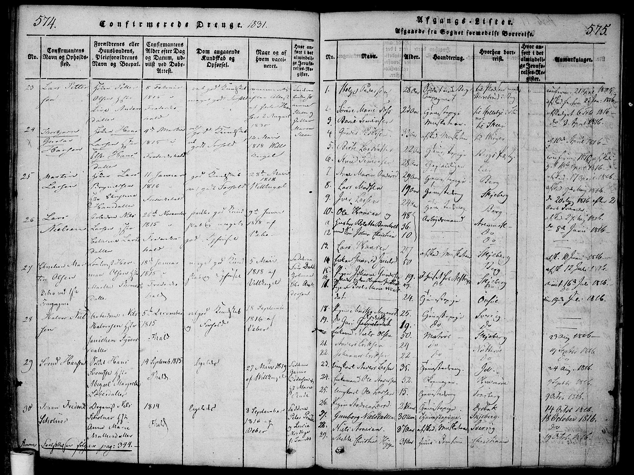 Halden prestekontor Kirkebøker, AV/SAO-A-10909/F/Fa/L0003: Parish register (official) no. I 3, 1815-1834, p. 574-575