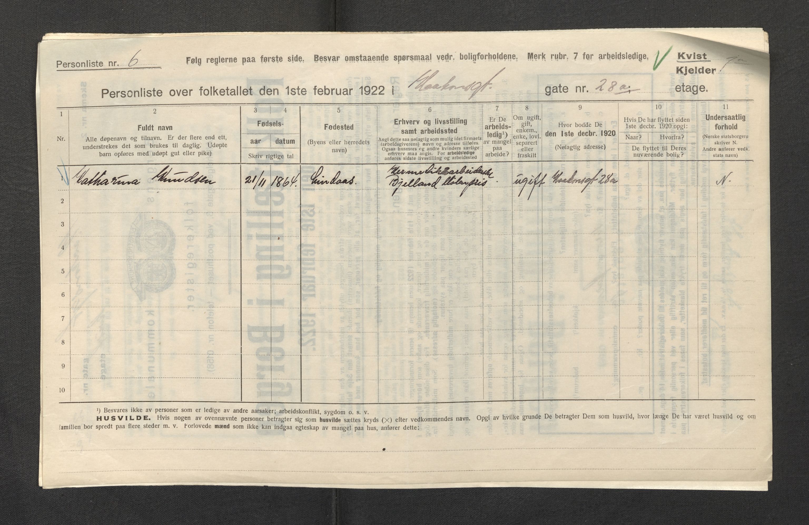 SAB, Municipal Census 1922 for Bergen, 1922, p. 11855