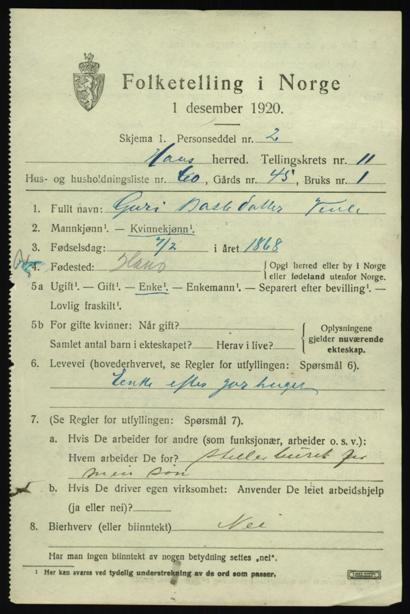 SAB, 1920 census for Haus, 1920, p. 7431