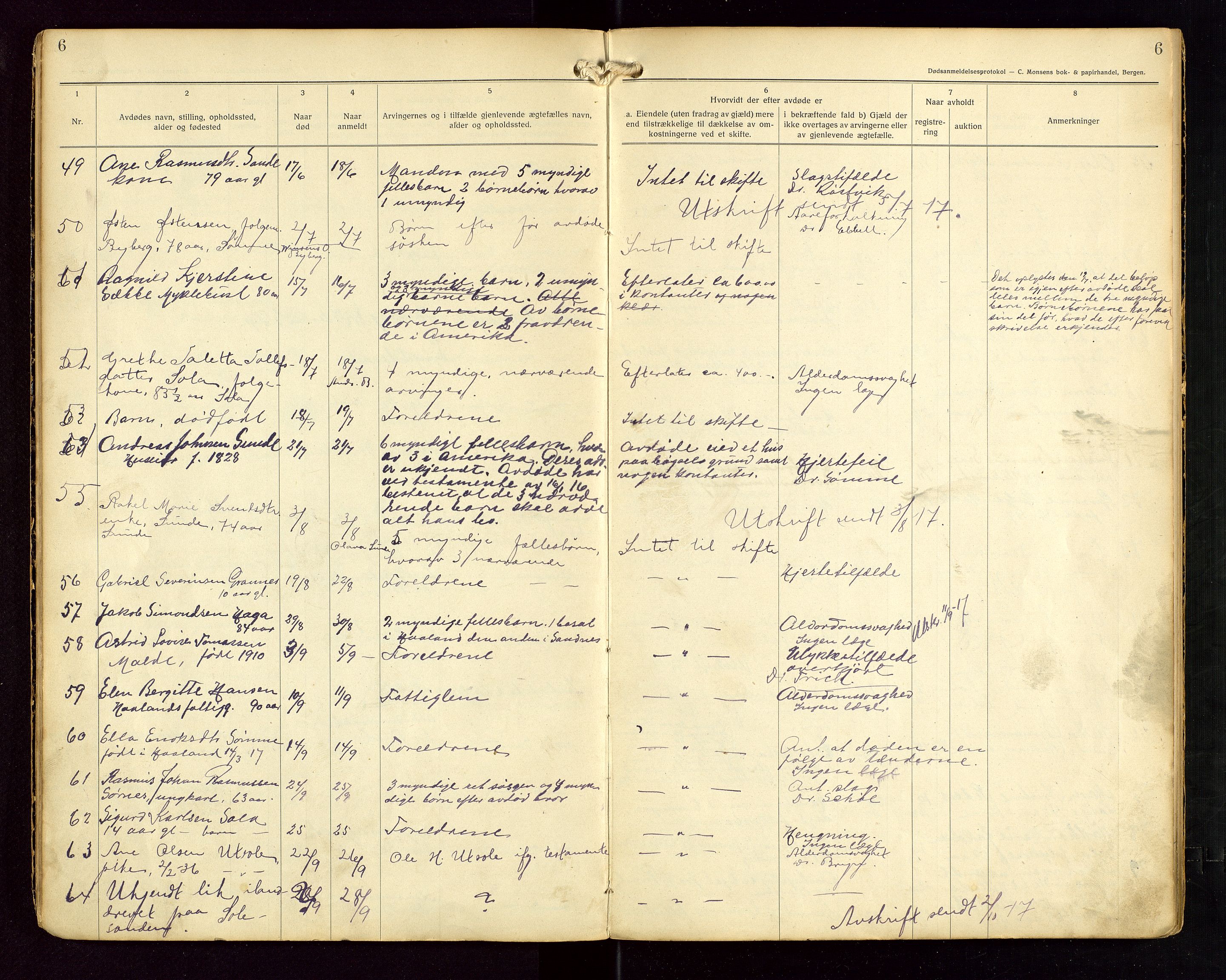 Håland lensmannskontor, AV/SAST-A-100100/Gga/L0002: "Dødsanmeldelser fra 6/9 1916 til 1926 i Haaland", 1916-1926, p. 6