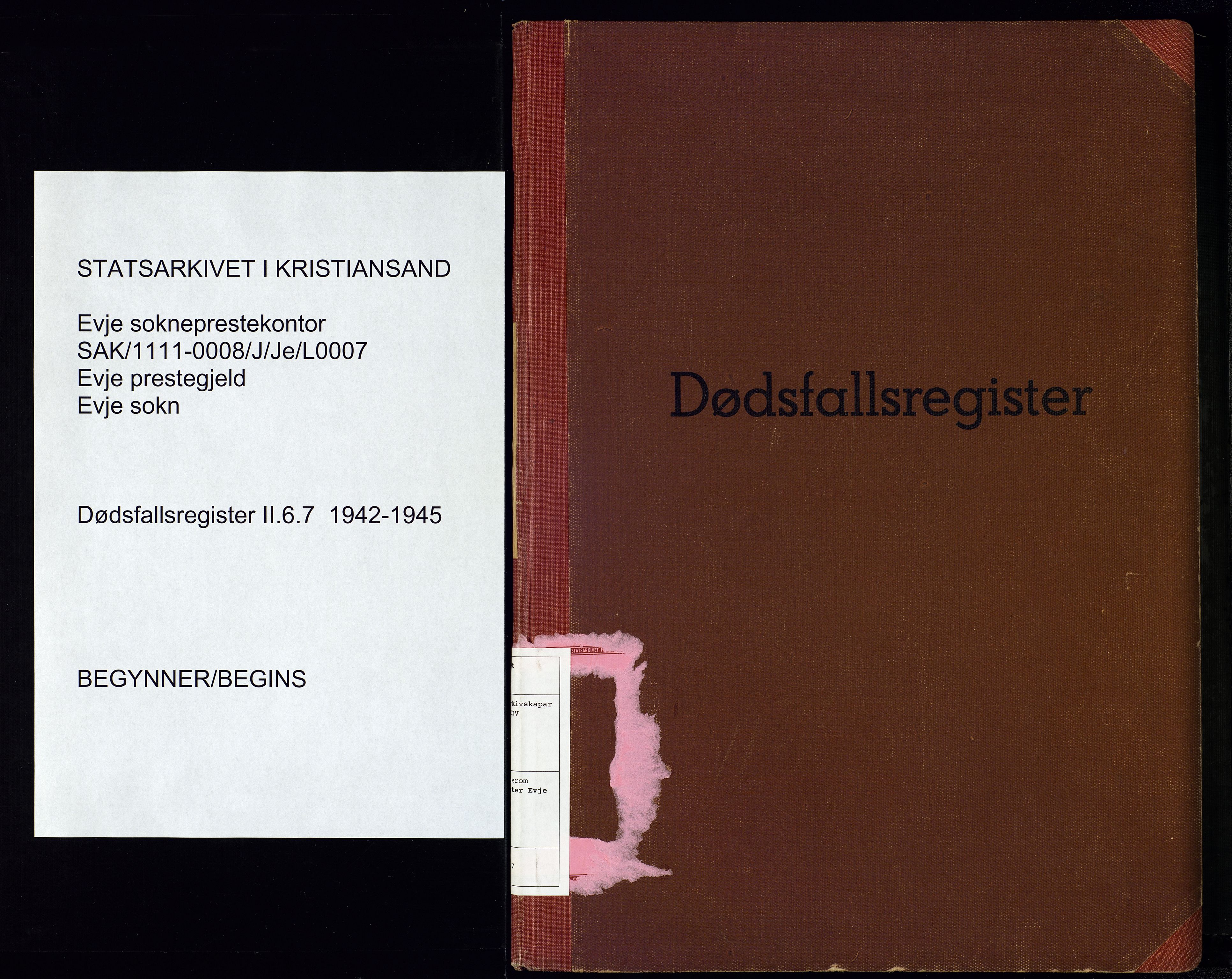 Evje sokneprestkontor, SAK/1111-0008/J/Je/L0007: II.6.7 - Dødsfallsregister Evje, 1942-1945