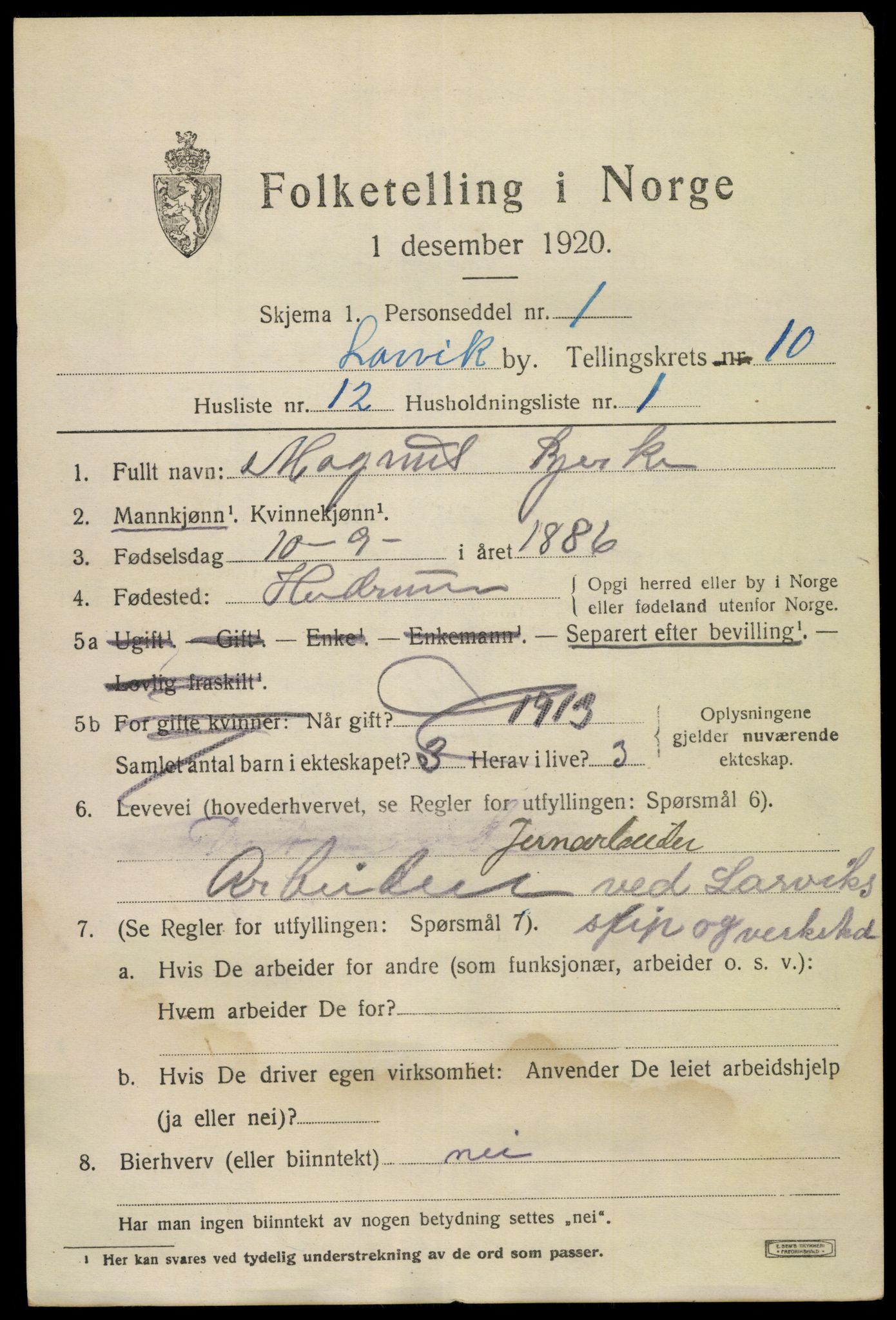 SAKO, 1920 census for Larvik, 1920, p. 26844