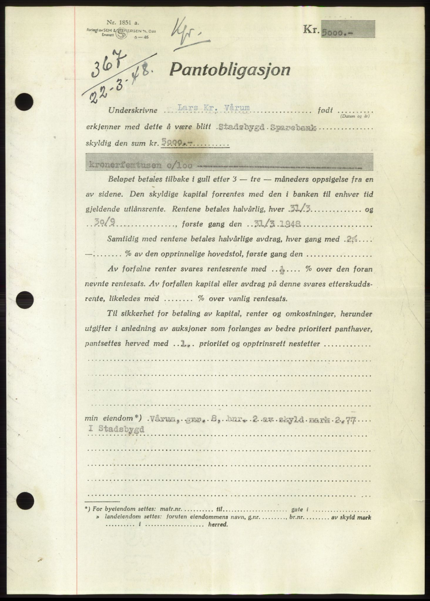 Fosen sorenskriveri, AV/SAT-A-1107/1/2/2C: Mortgage book no. B, 1946-1948, Diary no: : 367/1948