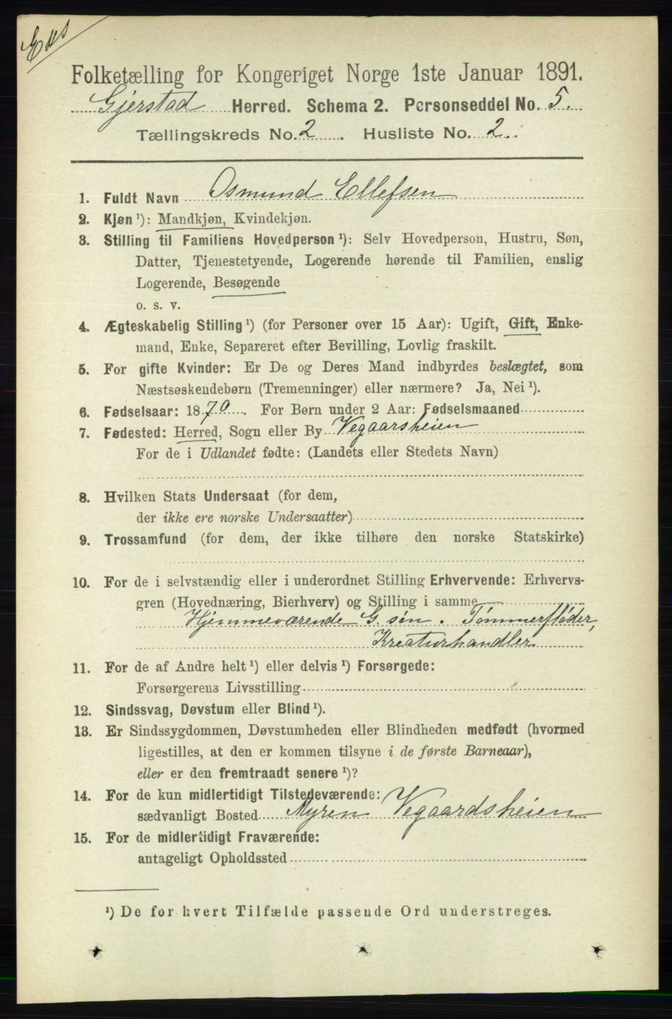 RA, Census 1891 for Nedenes amt: Gjenparter av personsedler for beslektede ektefeller, menn, 1891, p. 41