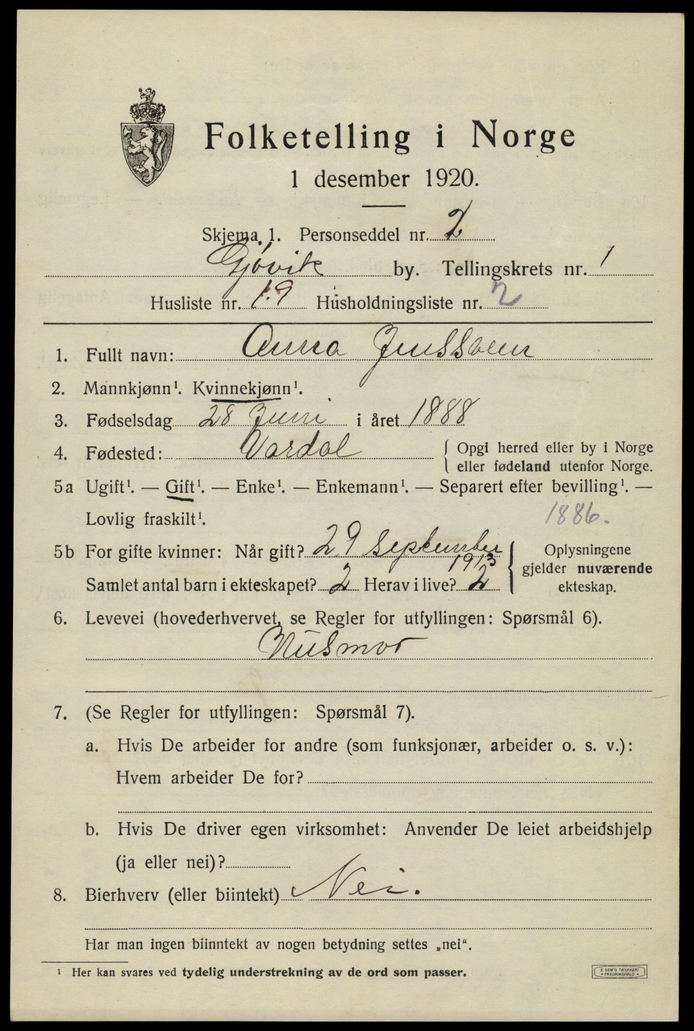 SAH, 1920 census for Gjøvik, 1920, p. 3276