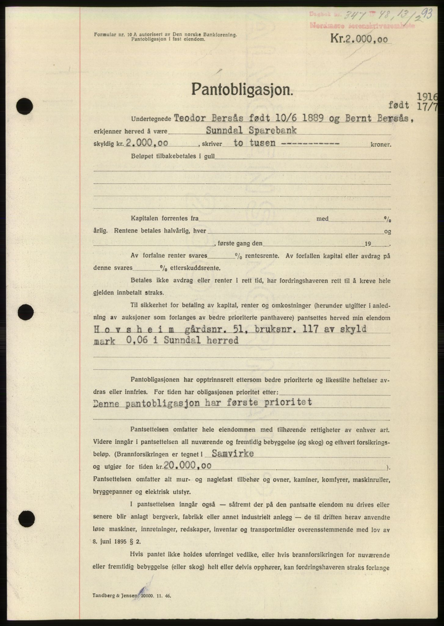 Nordmøre sorenskriveri, AV/SAT-A-4132/1/2/2Ca: Mortgage book no. B98, 1948-1948, Diary no: : 347/1948