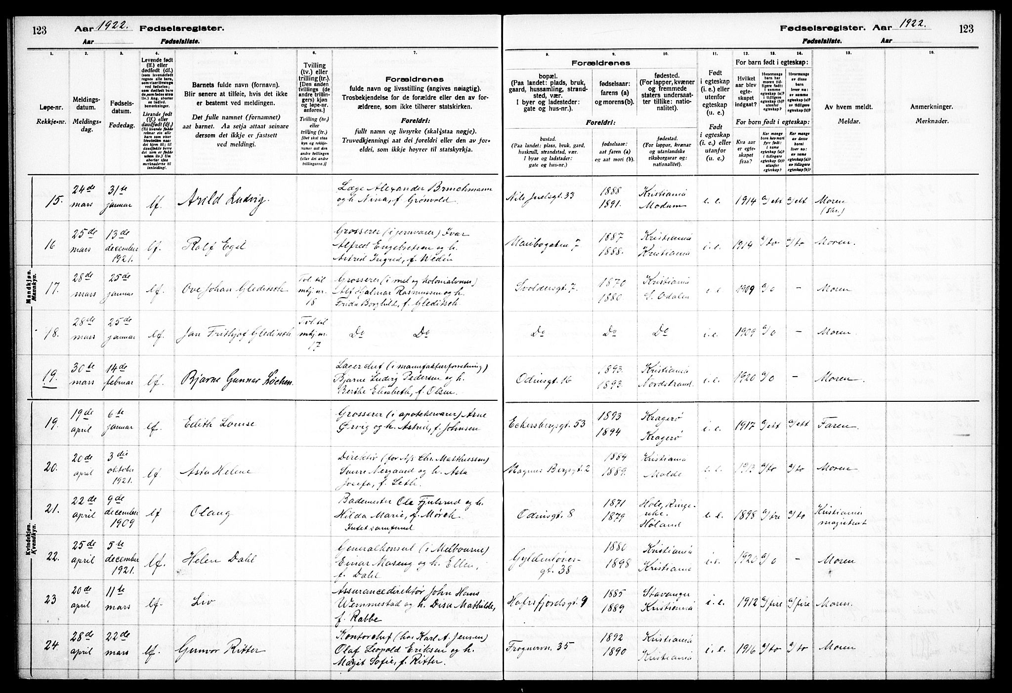 Frogner prestekontor Kirkebøker, AV/SAO-A-10886/J/Ja/L0001: Birth register no. 1, 1916-1927, p. 123