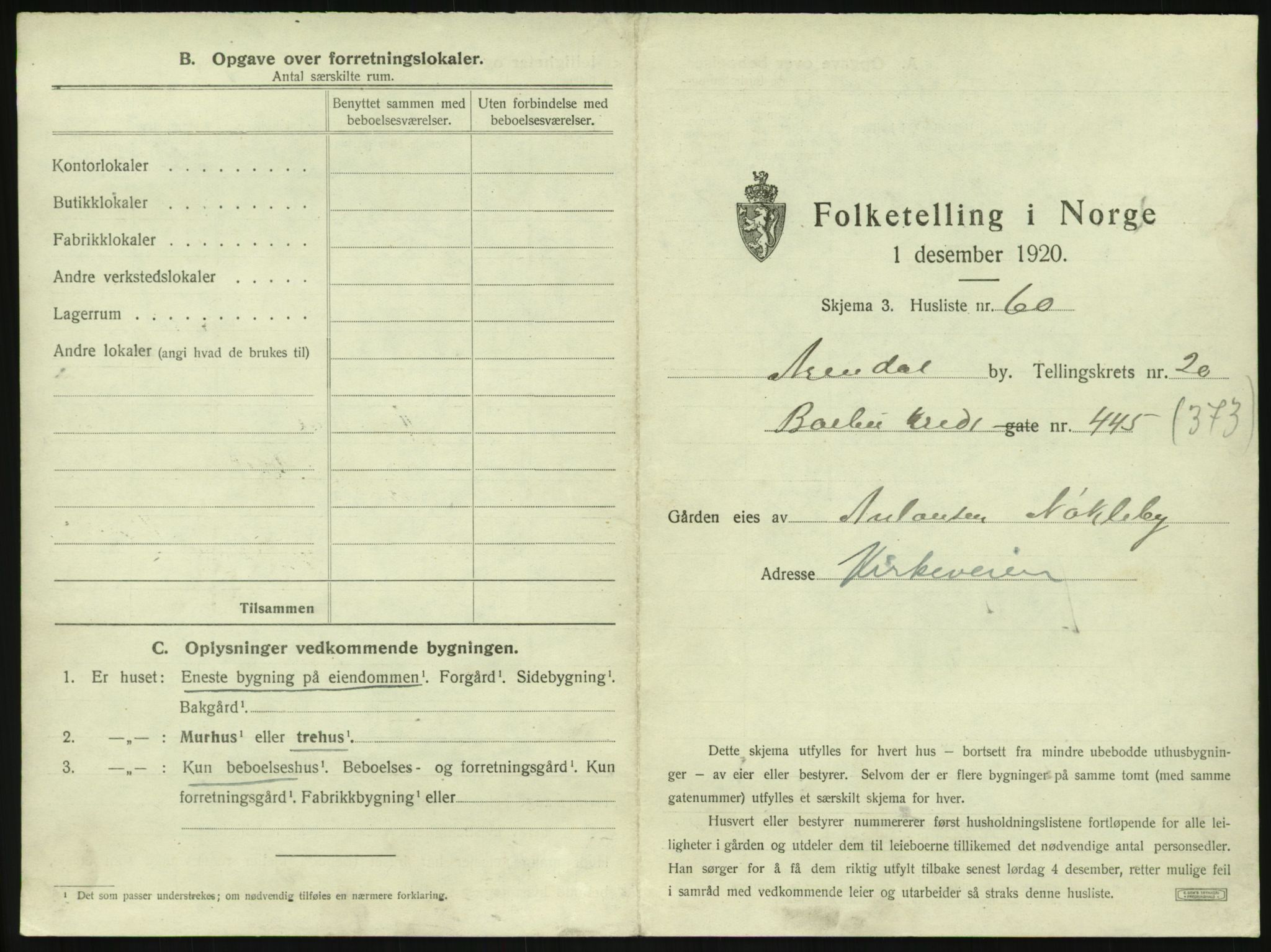 SAK, 1920 census for Arendal, 1920, p. 3222