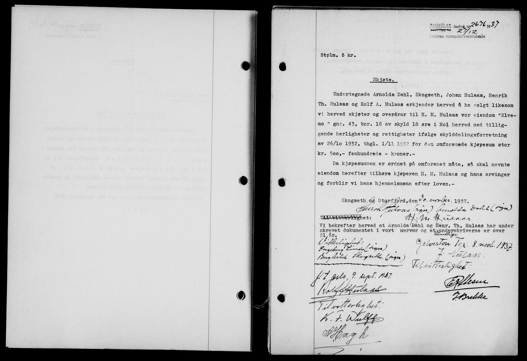 Lofoten sorenskriveri, SAT/A-0017/1/2/2C/L0003a: Mortgage book no. 3a, 1937-1938, Diary no: : 2676/1937