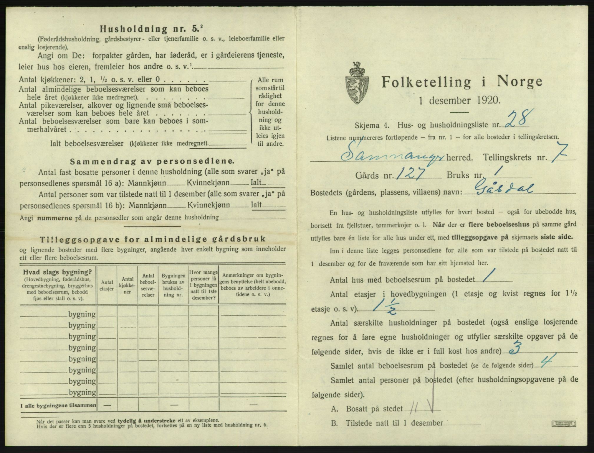 SAB, 1920 census for Samnanger, 1920, p. 456