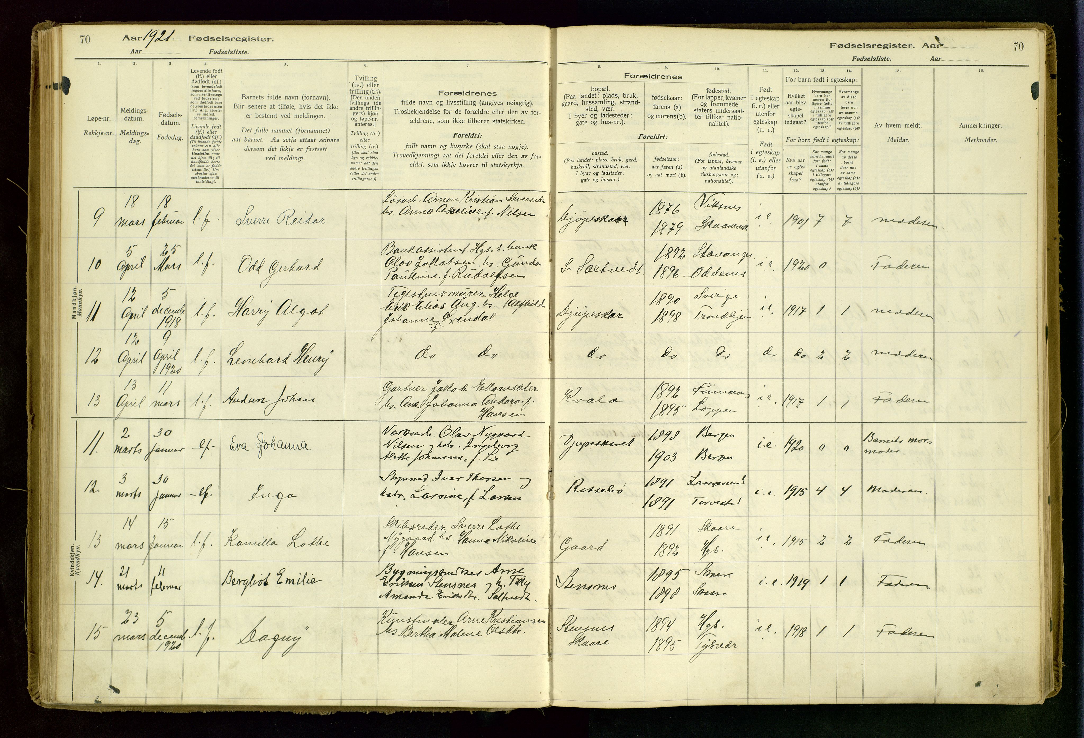 Haugesund sokneprestkontor, AV/SAST-A -101863/I/Id/L0001: Birth register no. 1, 1916-1935, p. 70