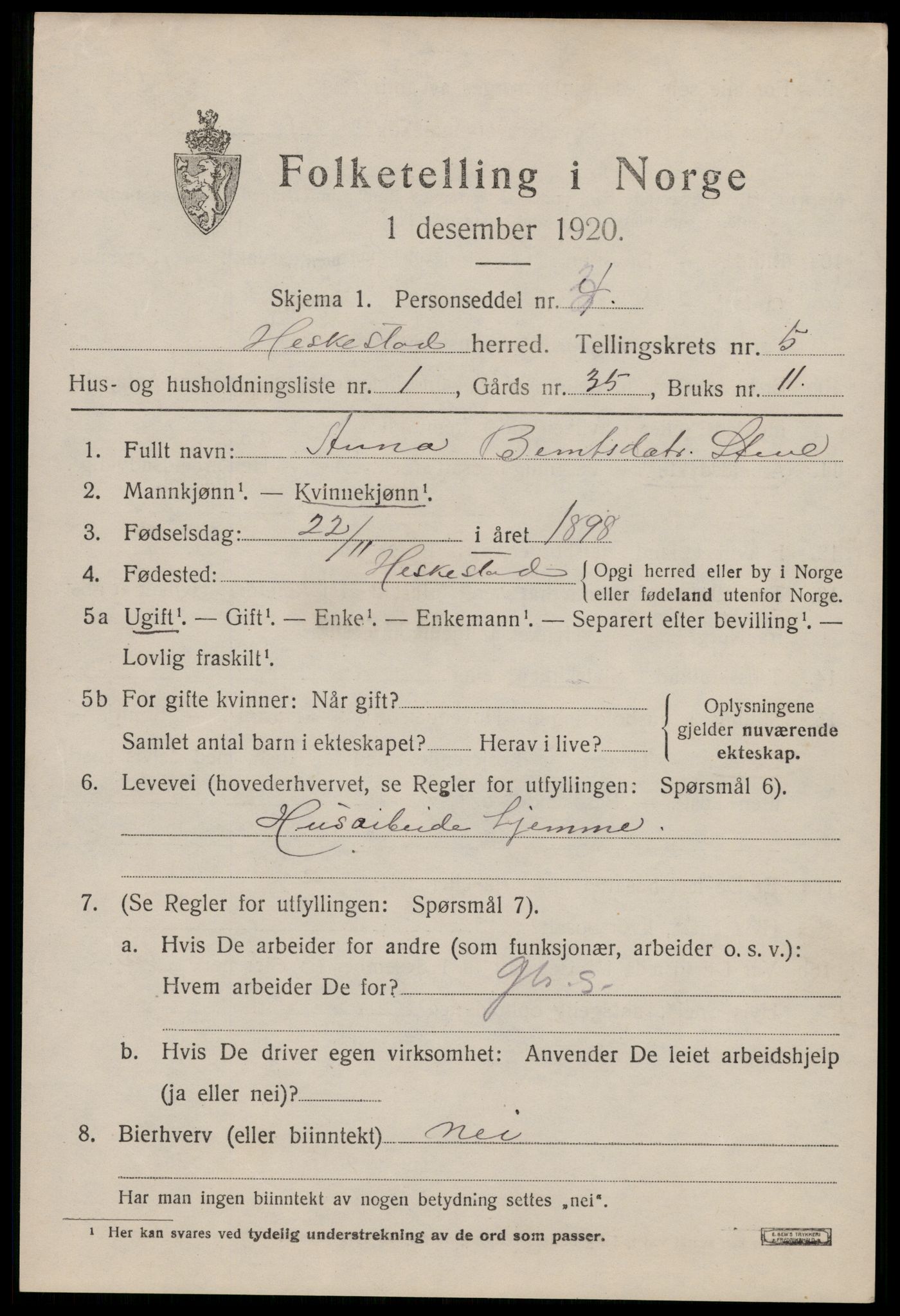 SAST, 1920 census for Heskestad, 1920, p. 1835