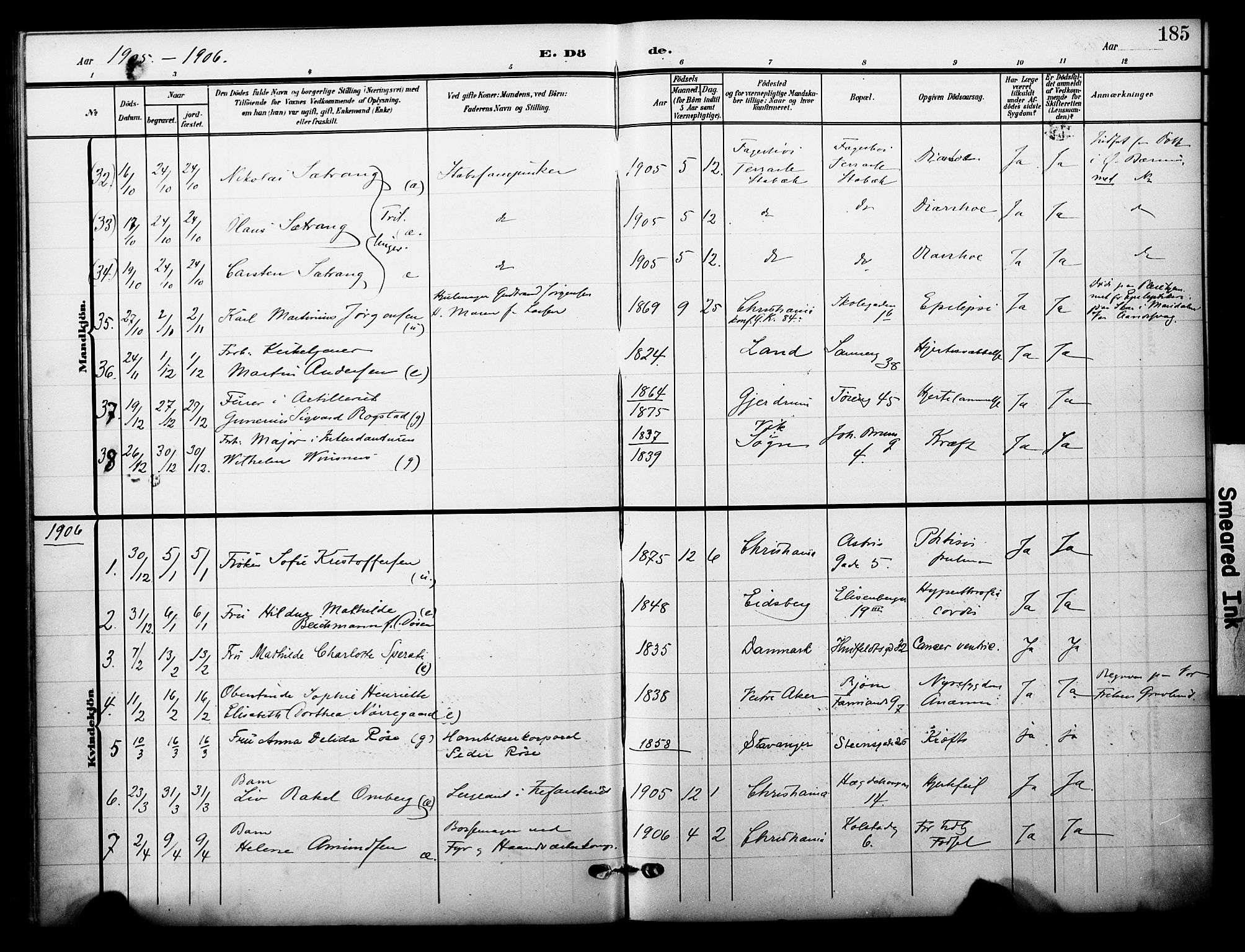 Garnisonsmenigheten Kirkebøker, AV/SAO-A-10846/F/Fa/L0014: Parish register (official) no. 14, 1905-1914, p. 185