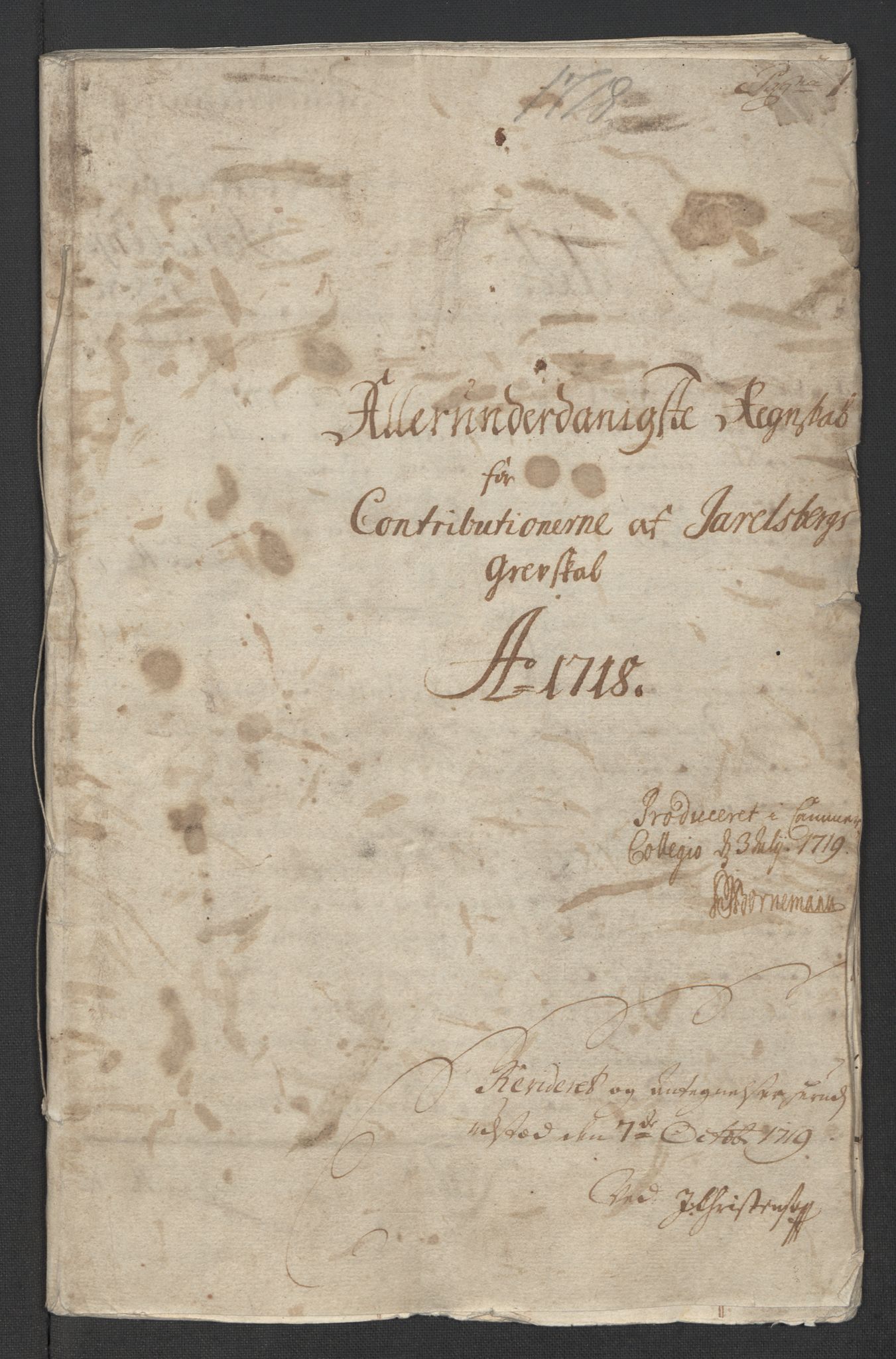 Rentekammeret inntil 1814, Reviderte regnskaper, Fogderegnskap, RA/EA-4092/R32/L1882: Fogderegnskap Jarlsberg grevskap, 1718, p. 3