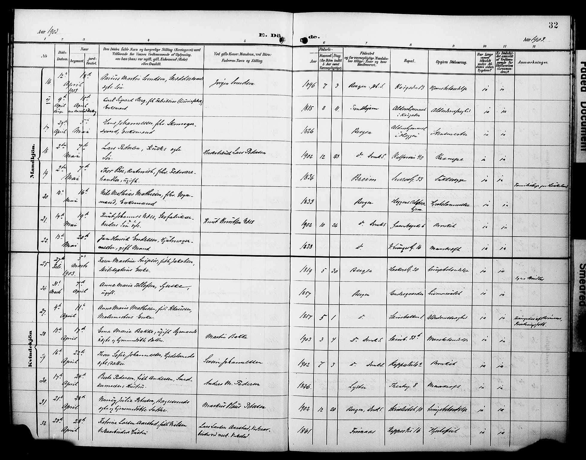 Domkirken sokneprestembete, SAB/A-74801/H/Hab/L0042: Parish register (copy) no. E 6, 1900-1929, p. 32