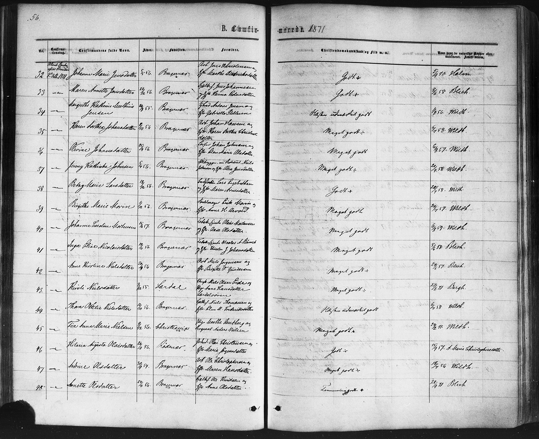 Bragernes kirkebøker, AV/SAKO-A-6/F/Fc/L0003: Parish register (official) no. III 3, 1865-1874, p. 56