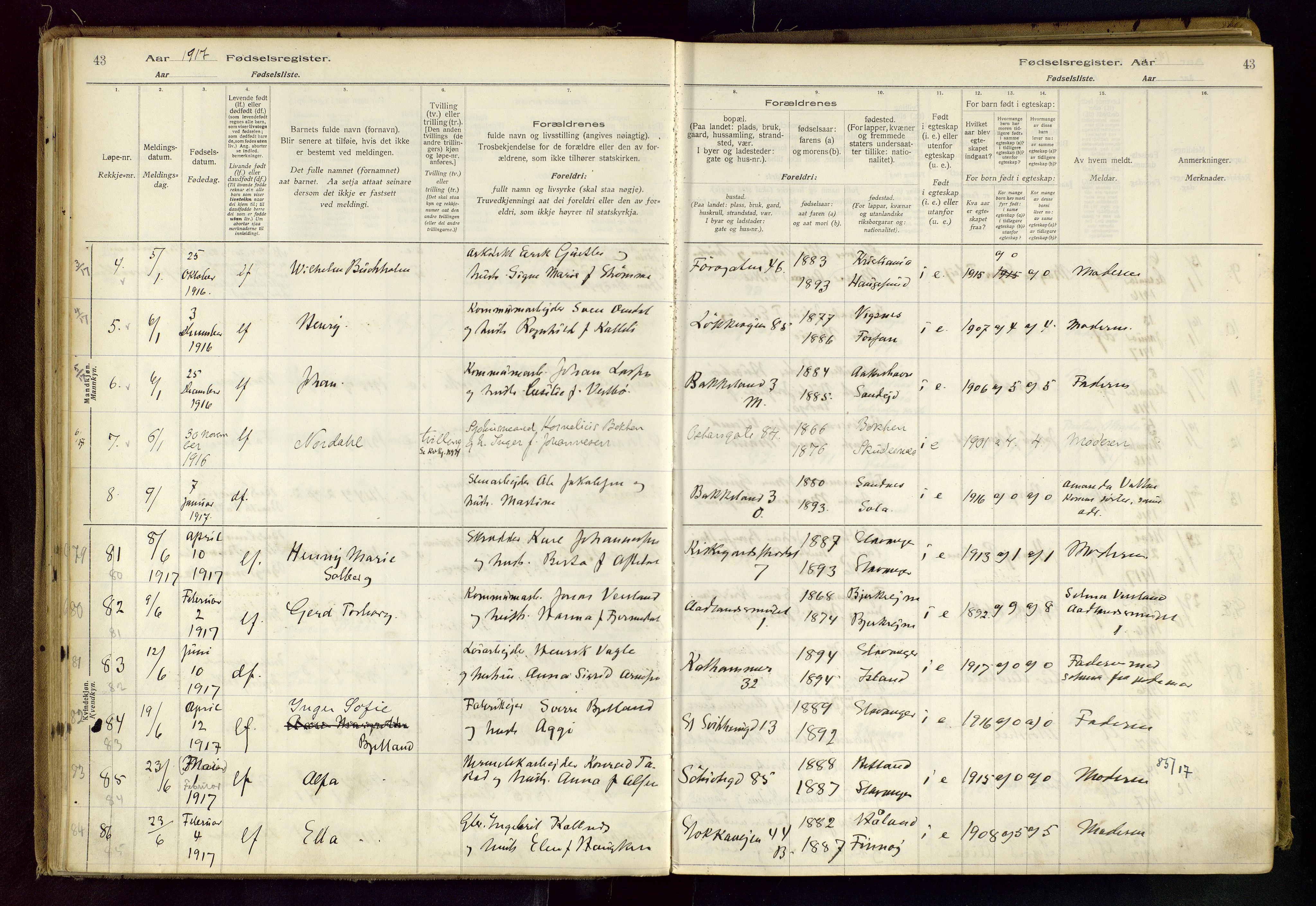 Domkirken sokneprestkontor, AV/SAST-A-101812/002/B/L0001: Birth register no. 1, 1916-1920, p. 43