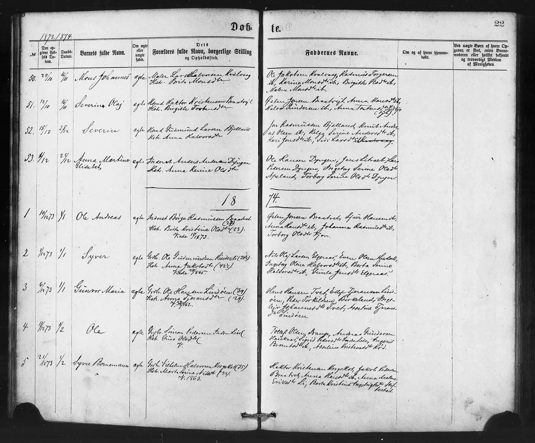 Sveio Sokneprestembete, SAB/A-78501/H/Haa: Parish register (official) no. B 1, 1870-1883, p. 22
