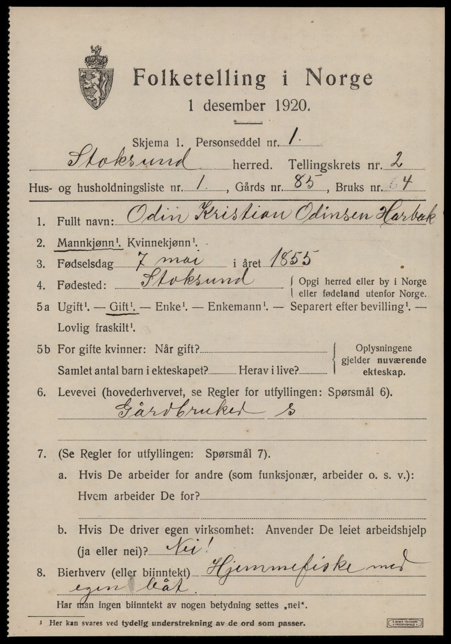 SAT, 1920 census for Stoksund, 1920, p. 1138