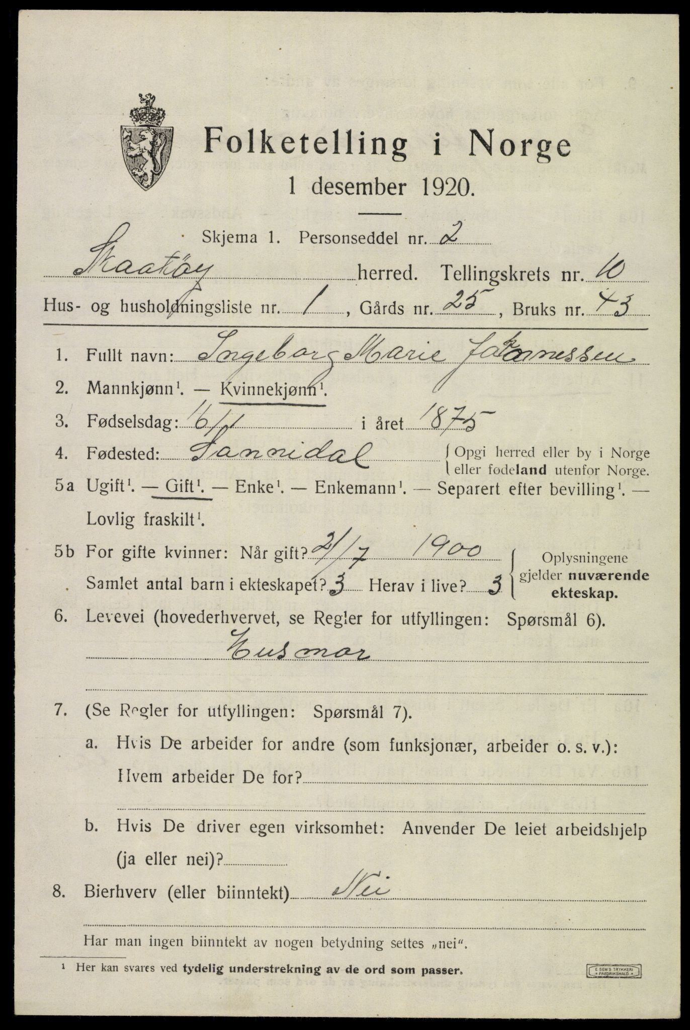 SAKO, 1920 census for Skåtøy, 1920, p. 7394