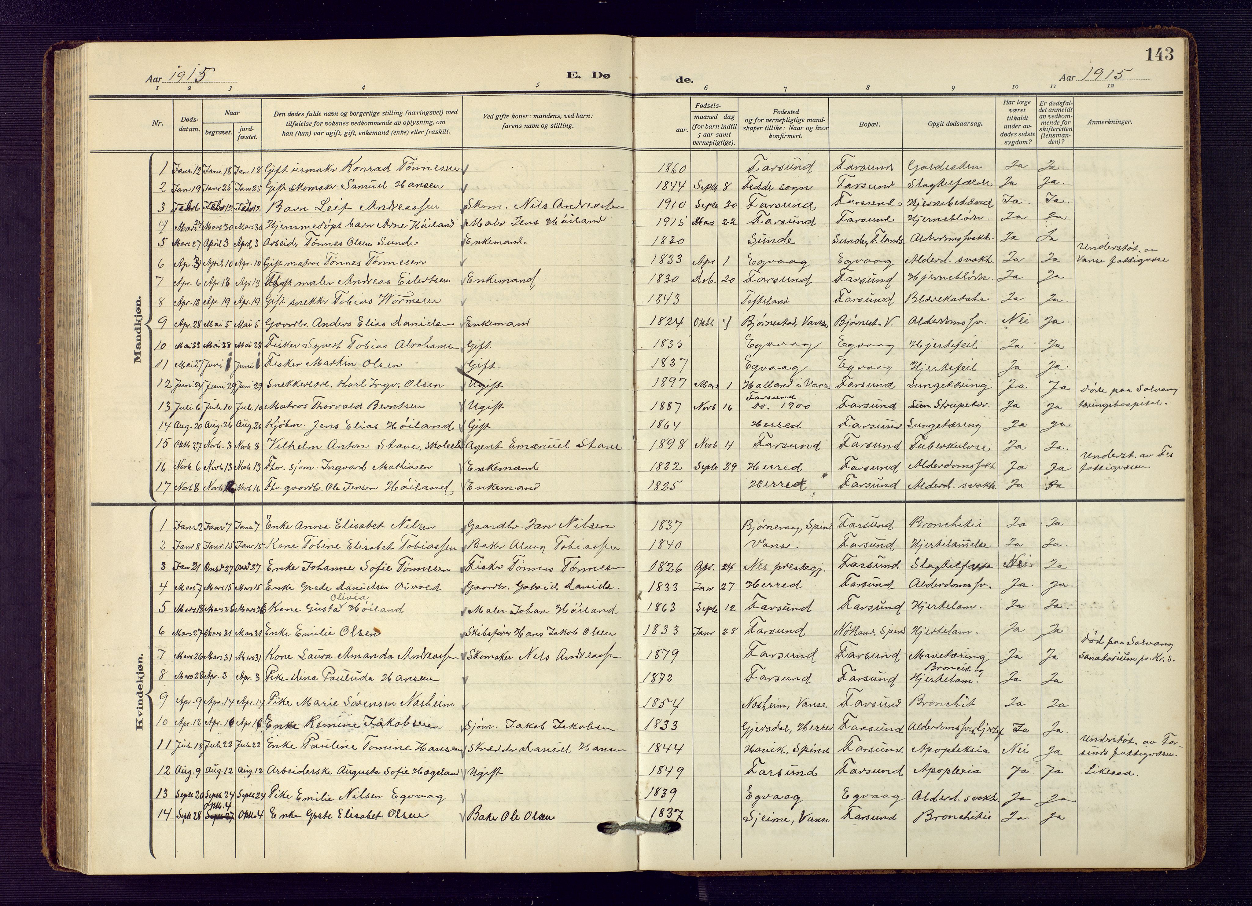 Farsund sokneprestkontor, AV/SAK-1111-0009/F/Fb/L0002: Parish register (copy) no. B 2, 1914-1958, p. 143