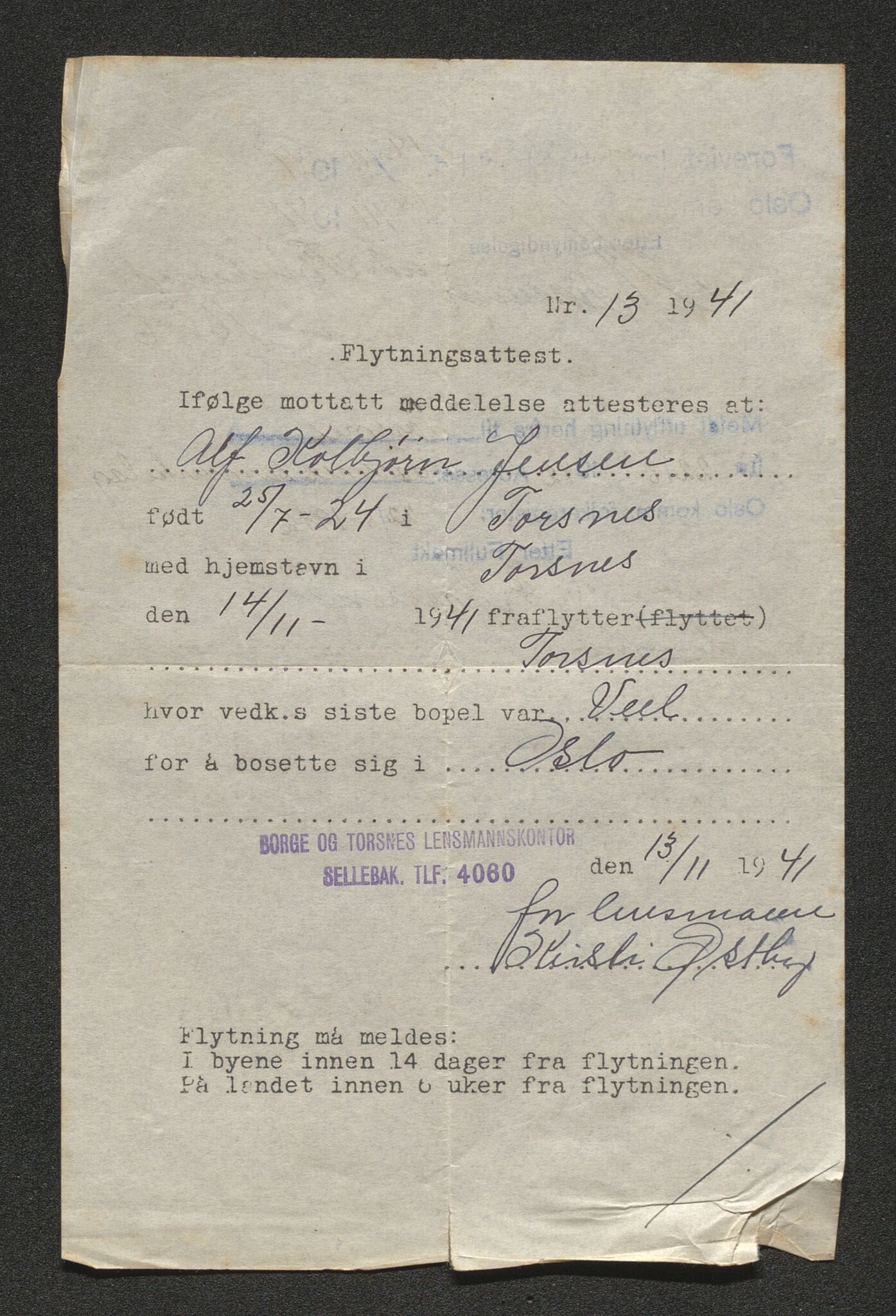 Borge lensmannskontor (Østfold), AV/SAO-A-10176/I/Ia/L0007: Protokoll over inn- og utflyttede i Torsnes fattigkommune, 1923-1943