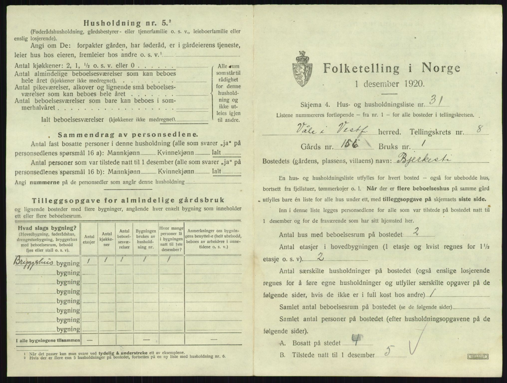 SAKO, 1920 census for Våle, 1920, p. 1034