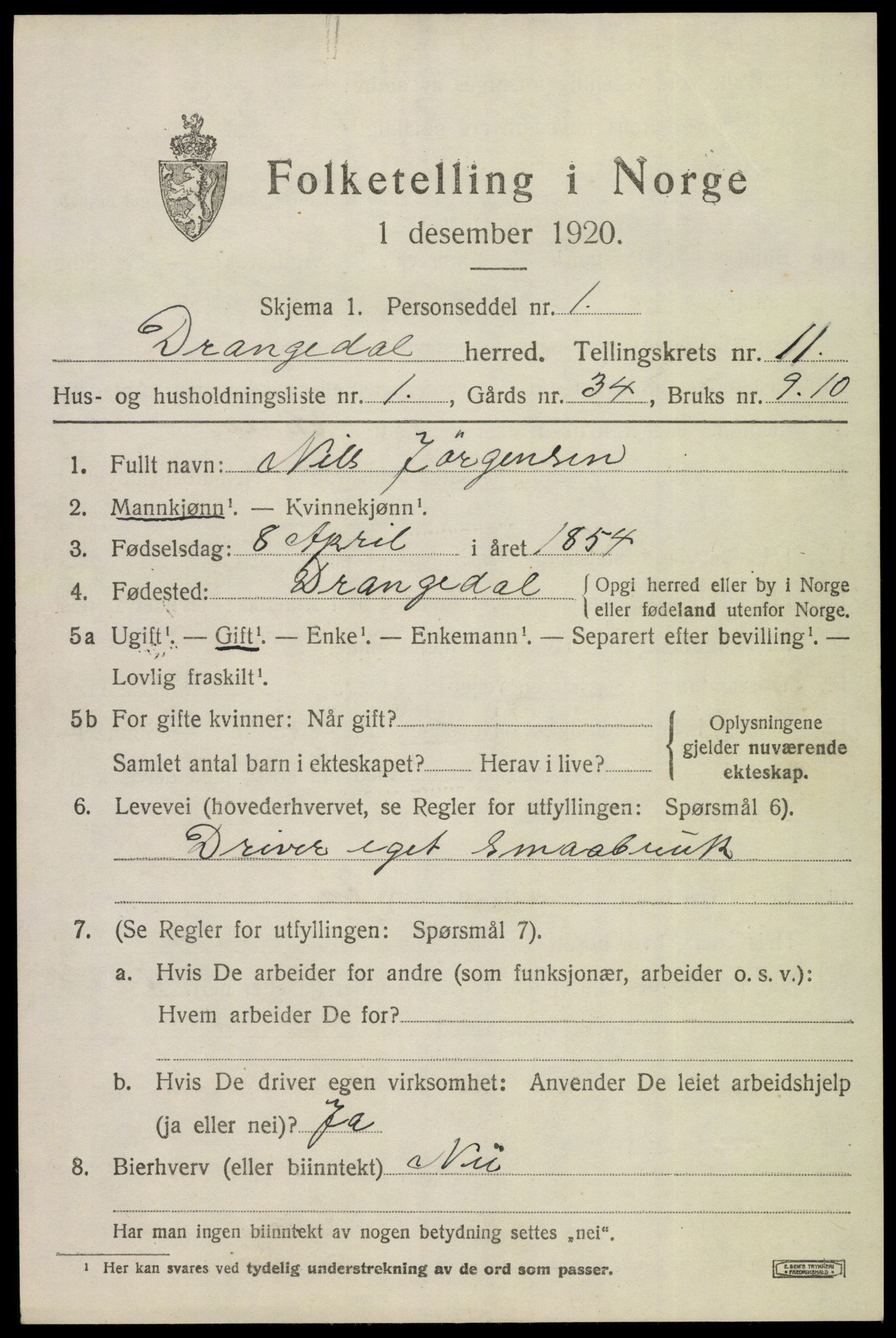 SAKO, 1920 census for Drangedal, 1920, p. 6617