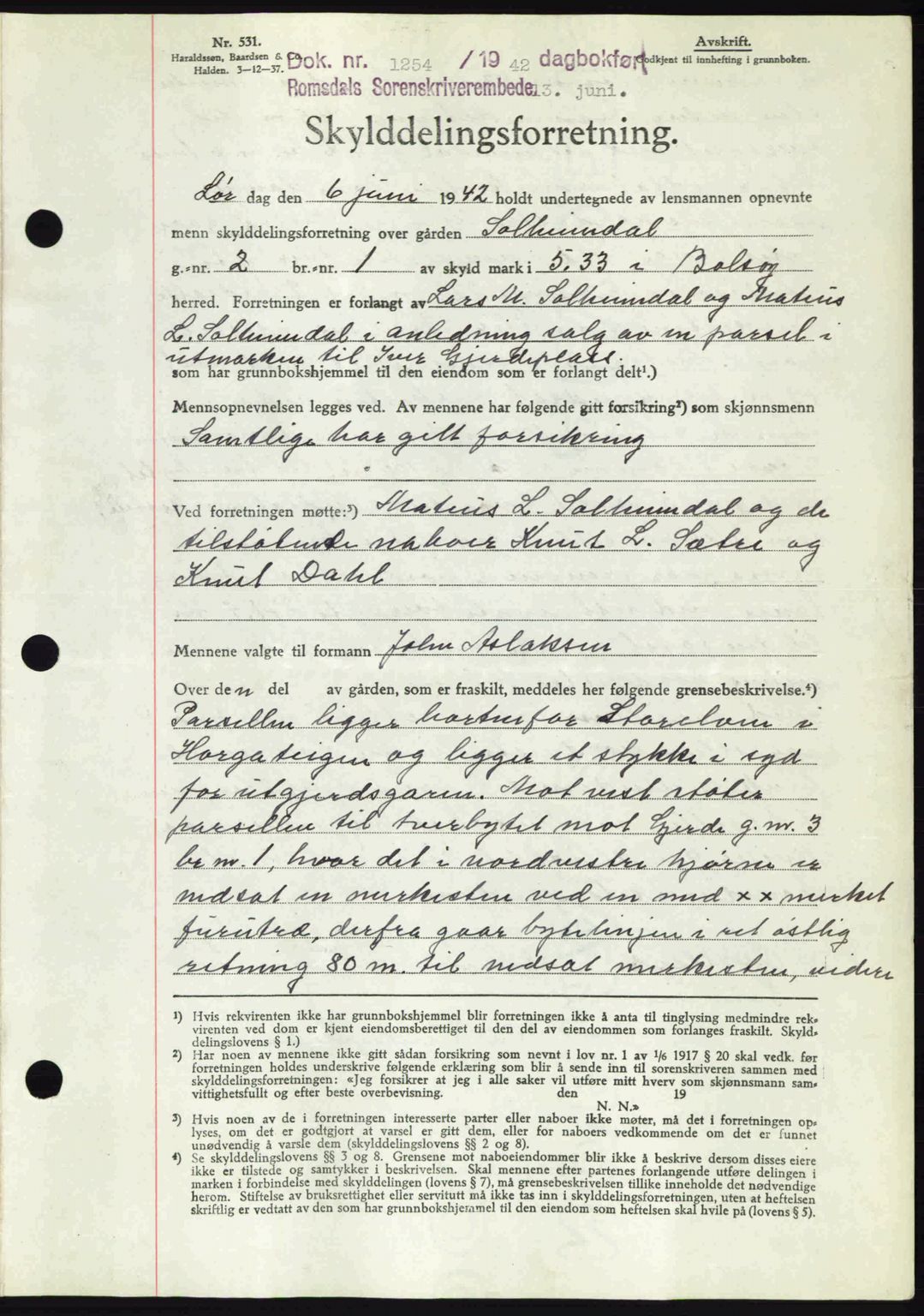 Romsdal sorenskriveri, AV/SAT-A-4149/1/2/2C: Mortgage book no. A12, 1942-1942, Diary no: : 1254/1942