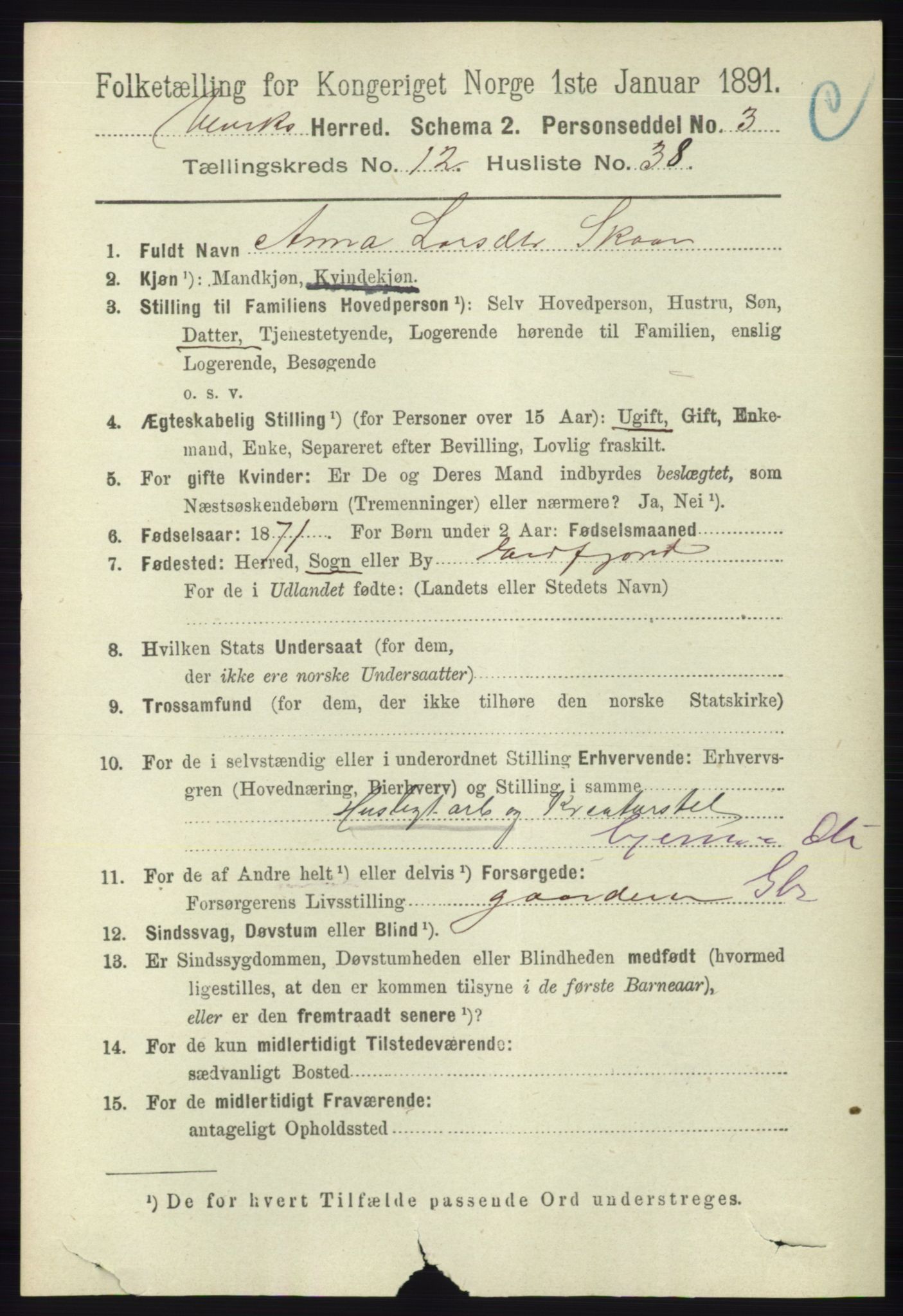 RA, 1891 census for 1233 Ulvik, 1891, p. 3823