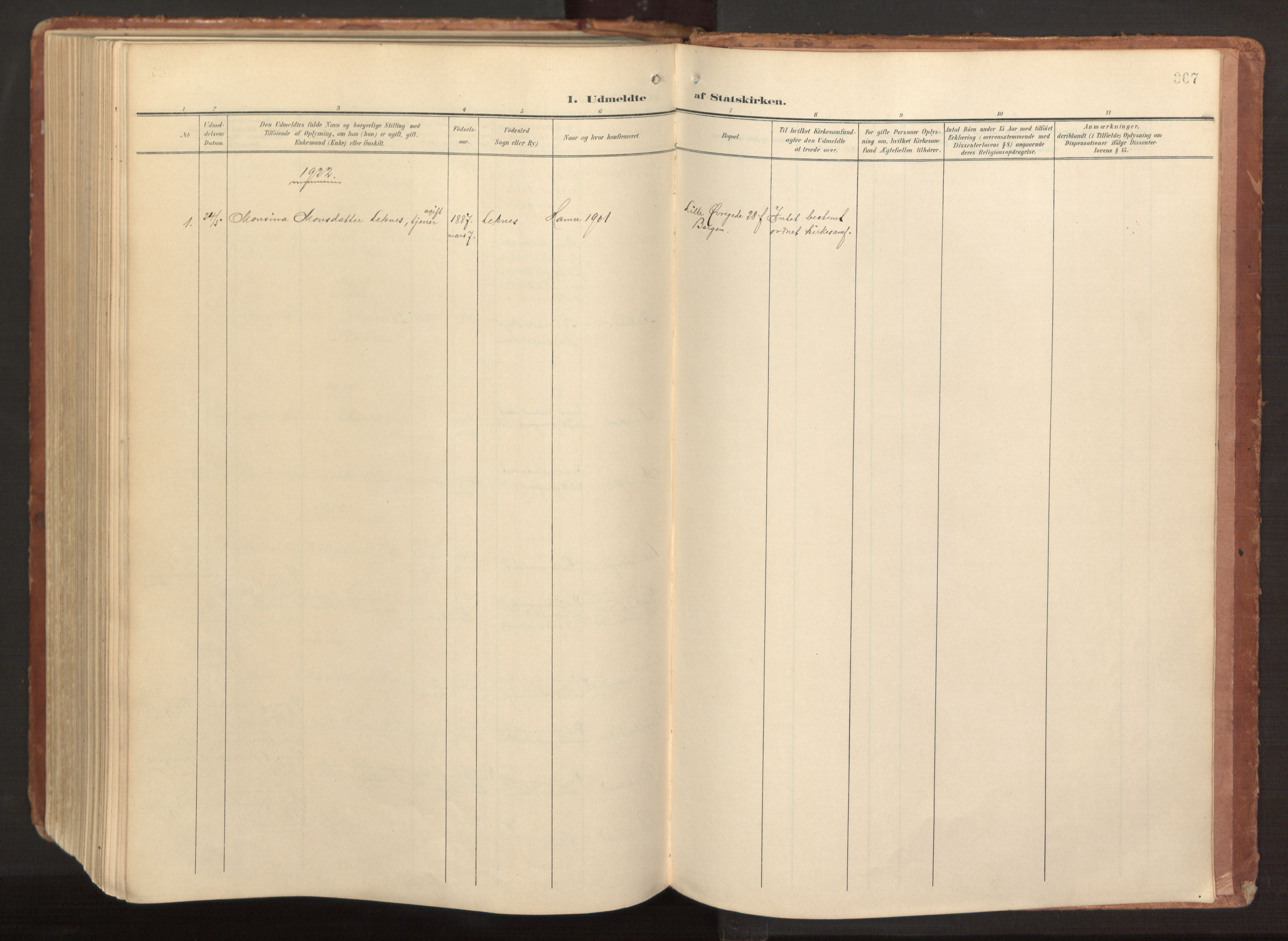 Hamre sokneprestembete, AV/SAB-A-75501/H/Ha/Haa/Haab/L0002: Parish register (official) no. B 2, 1905-1924, p. 367