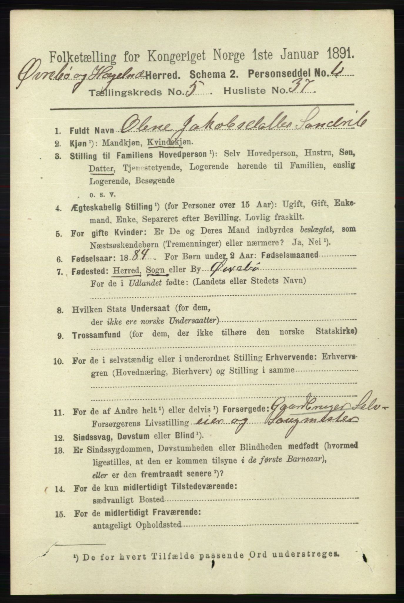 RA, 1891 census for 1016 Øvrebø og Hægeland, 1891, p. 1142