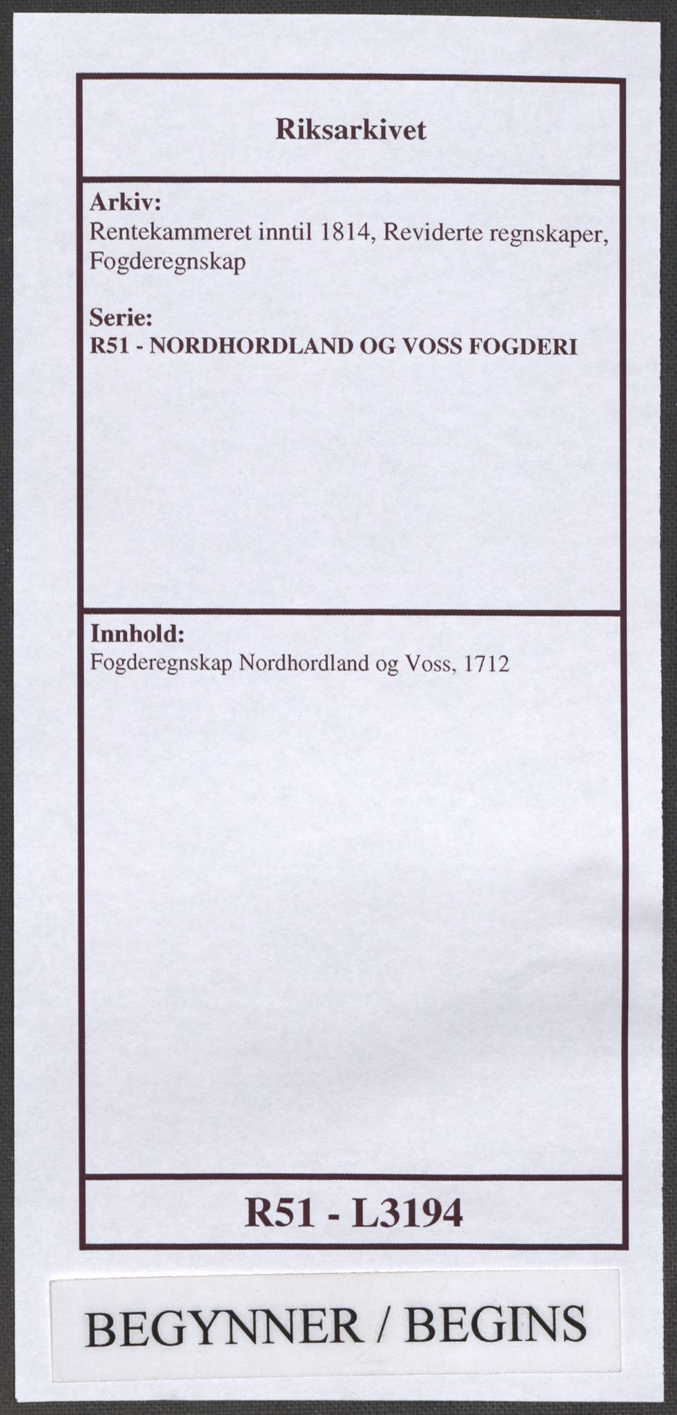 Rentekammeret inntil 1814, Reviderte regnskaper, Fogderegnskap, RA/EA-4092/R51/L3194: Fogderegnskap Nordhordland og Voss, 1712, p. 1