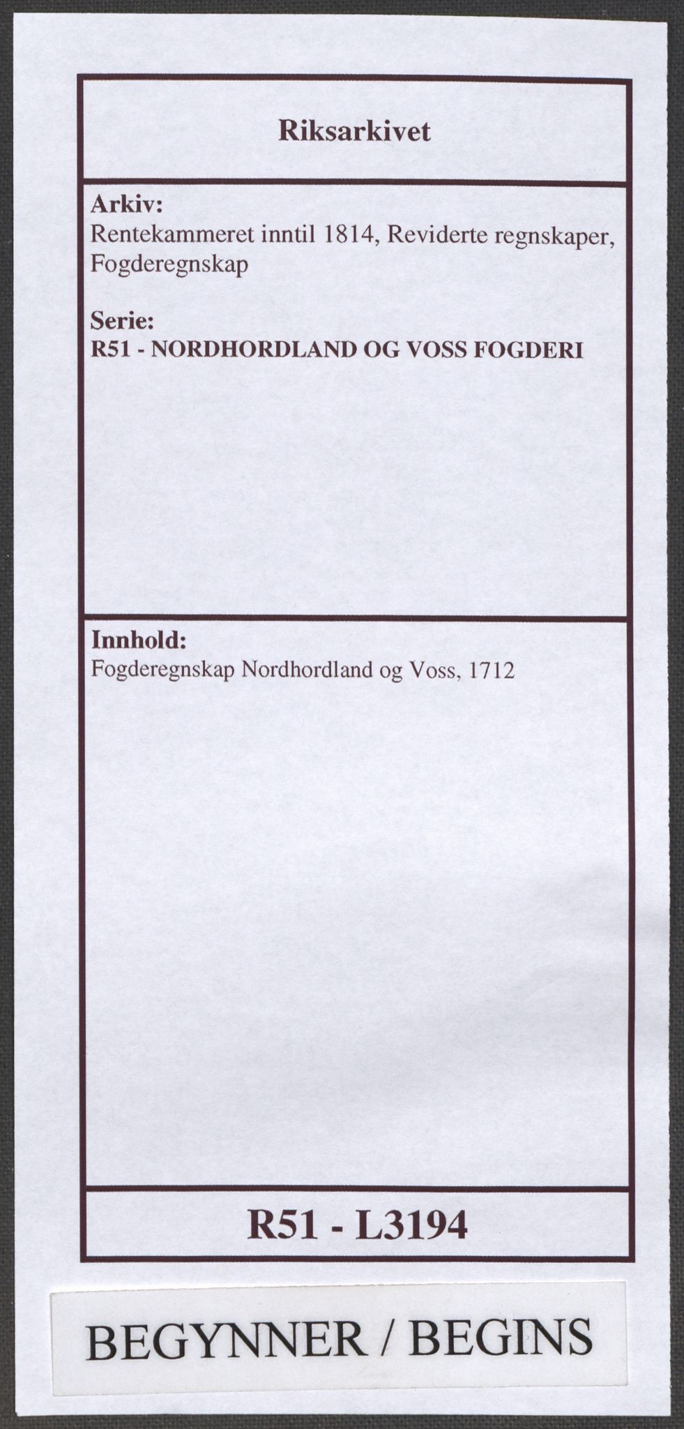 Rentekammeret inntil 1814, Reviderte regnskaper, Fogderegnskap, AV/RA-EA-4092/R51/L3194: Fogderegnskap Nordhordland og Voss, 1712, p. 1