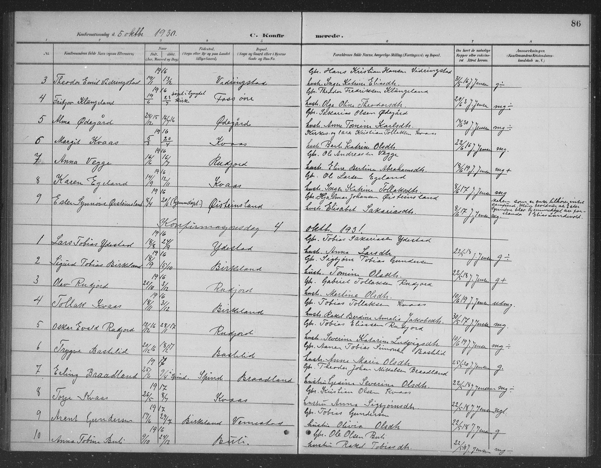 Lyngdal sokneprestkontor, AV/SAK-1111-0029/F/Fb/Fbb/L0002: Parish register (copy) no. B 2, 1901-1934, p. 86