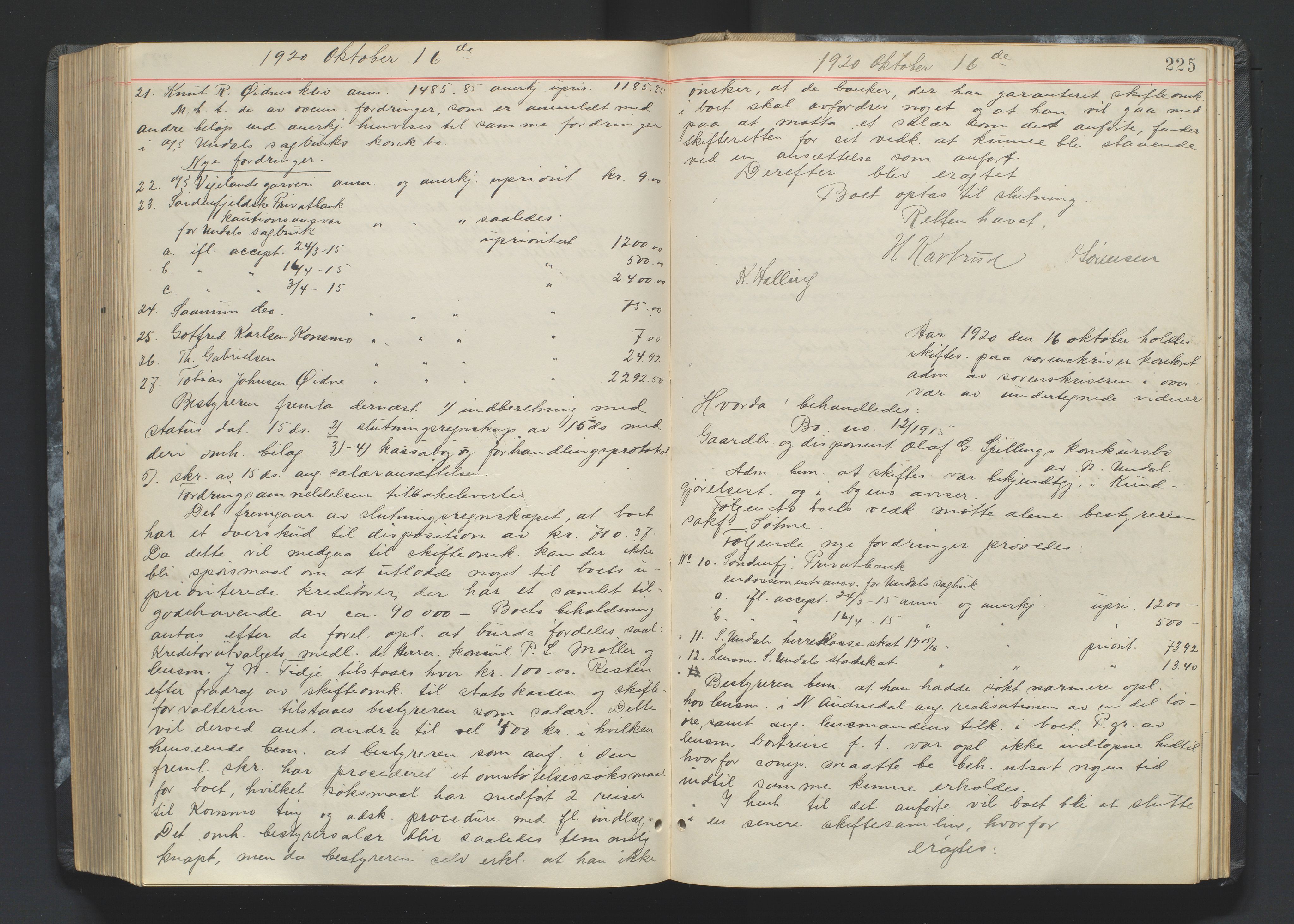 Mandal sorenskriveri, AV/SAK-1221-0005/001/H/Hc/L0083: Skifteforhandlingsprotokoll nr 15, 1917-1921, p. 225