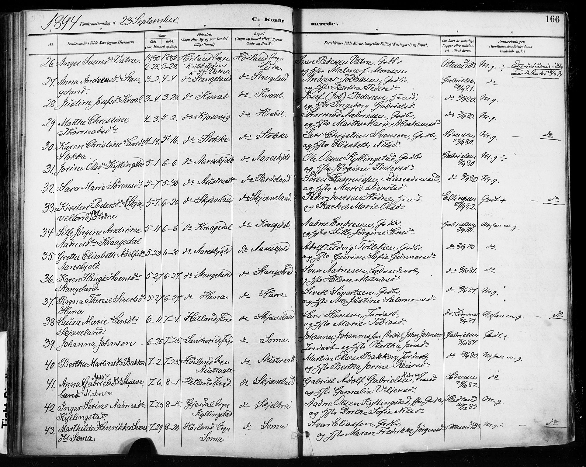 Høyland sokneprestkontor, AV/SAST-A-101799/001/30BA/L0013: Parish register (official) no. A 13.1, 1889-1898, p. 166