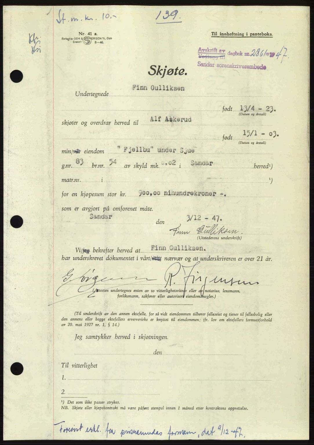 Sandar sorenskriveri, AV/SAKO-A-86/G/Ga/Gaa/L0016: Mortgage book no. A-16, 1947-1948, Diary no: : 2861/1947