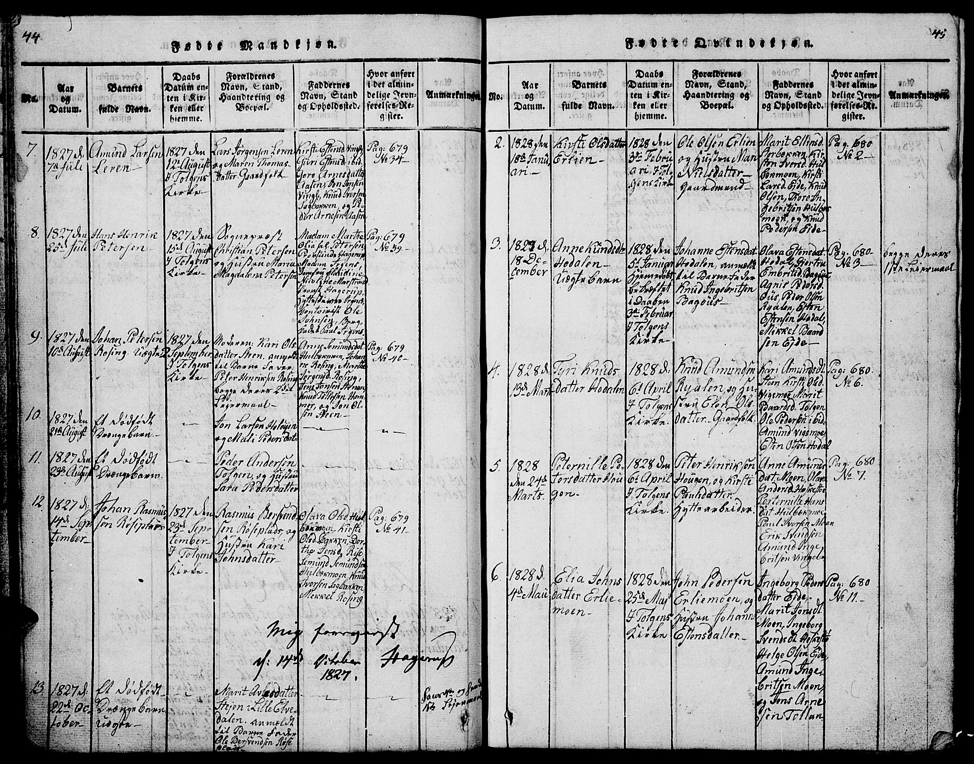 Tolga prestekontor, AV/SAH-PREST-062/L/L0001: Parish register (copy) no. 1, 1814-1877, p. 44-45