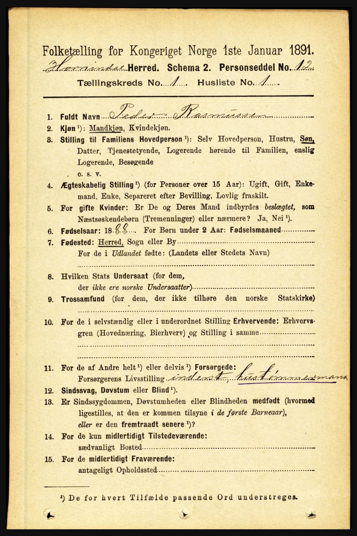 RA, 1891 census for 1444 Hornindal, 1891, p. 72