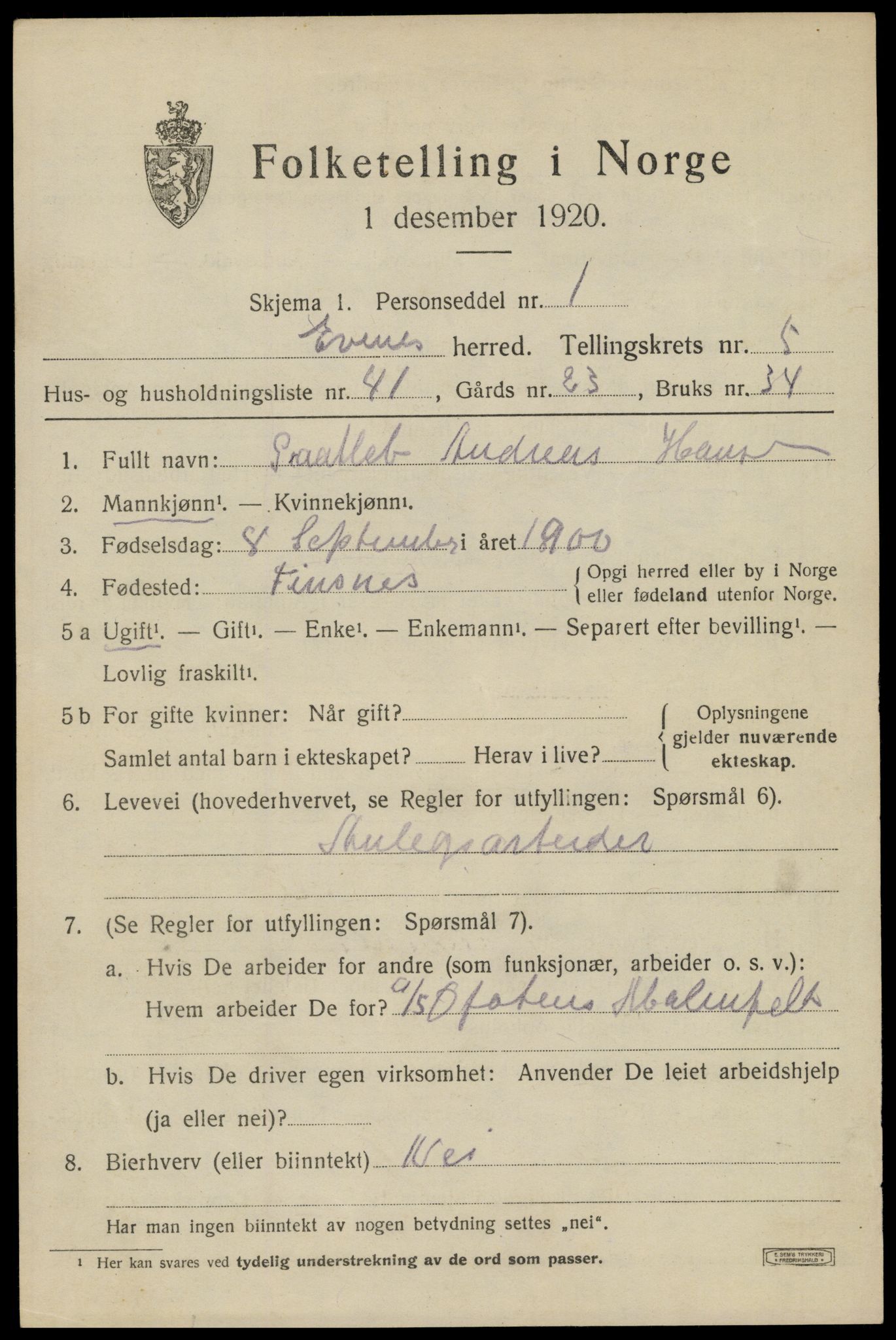 SAT, 1920 census for Evenes, 1920, p. 4684