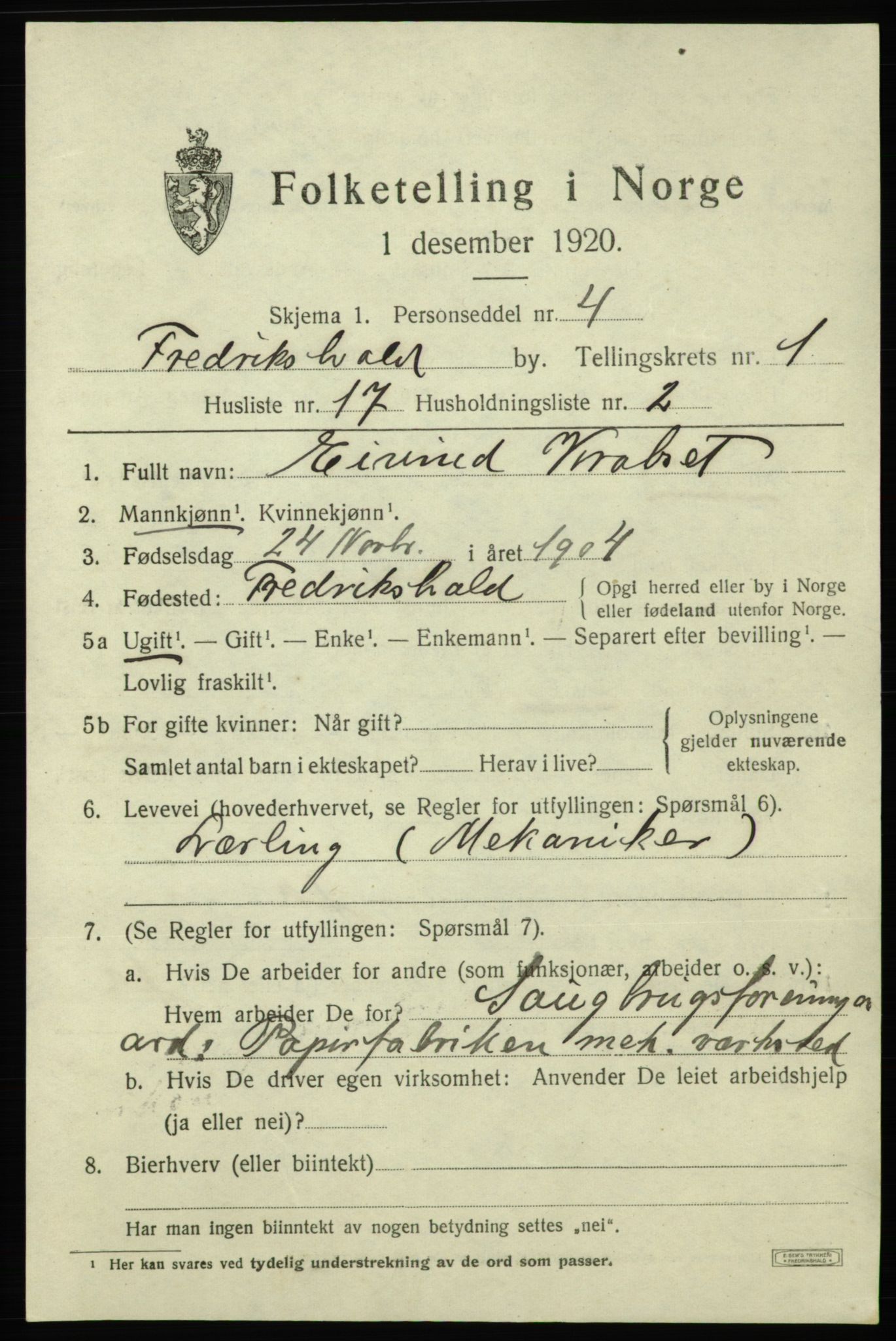 SAO, 1920 census for Fredrikshald, 1920, p. 8336