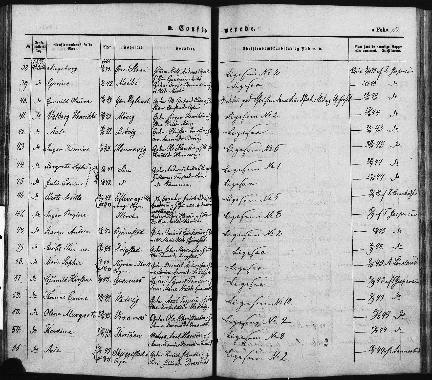 Oddernes sokneprestkontor, SAK/1111-0033/F/Fa/Faa/L0007: Parish register (official) no. A 7, 1851-1863, p. 113
