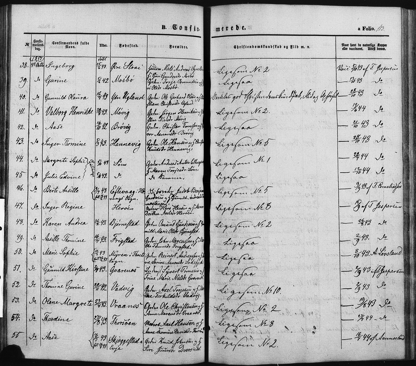 Oddernes sokneprestkontor, AV/SAK-1111-0033/F/Fa/Faa/L0007: Parish register (official) no. A 7, 1851-1863, p. 113