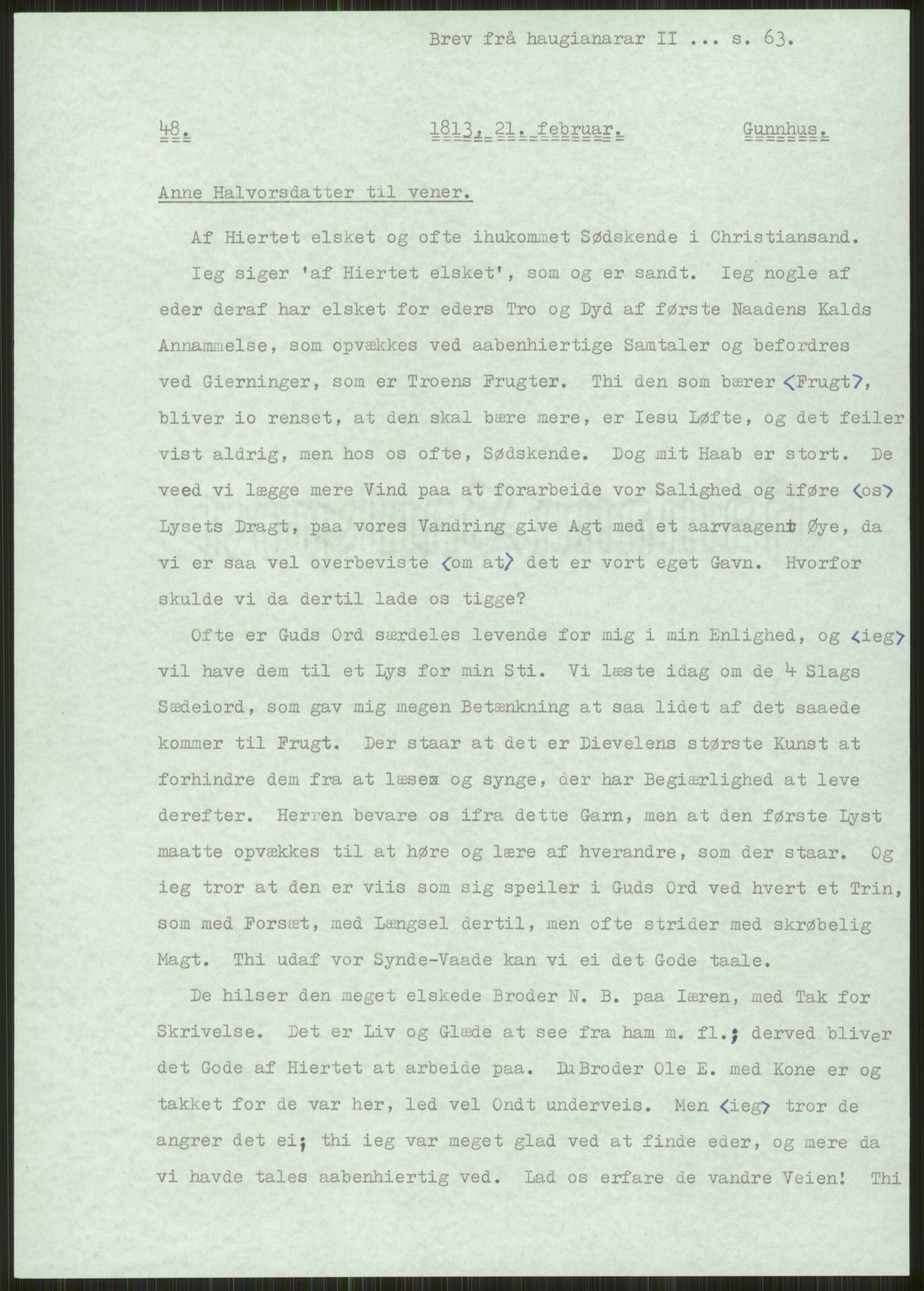 Samlinger til kildeutgivelse, Haugianerbrev, AV/RA-EA-6834/F/L0002: Haugianerbrev II: 1805-1821, 1805-1821, p. 63