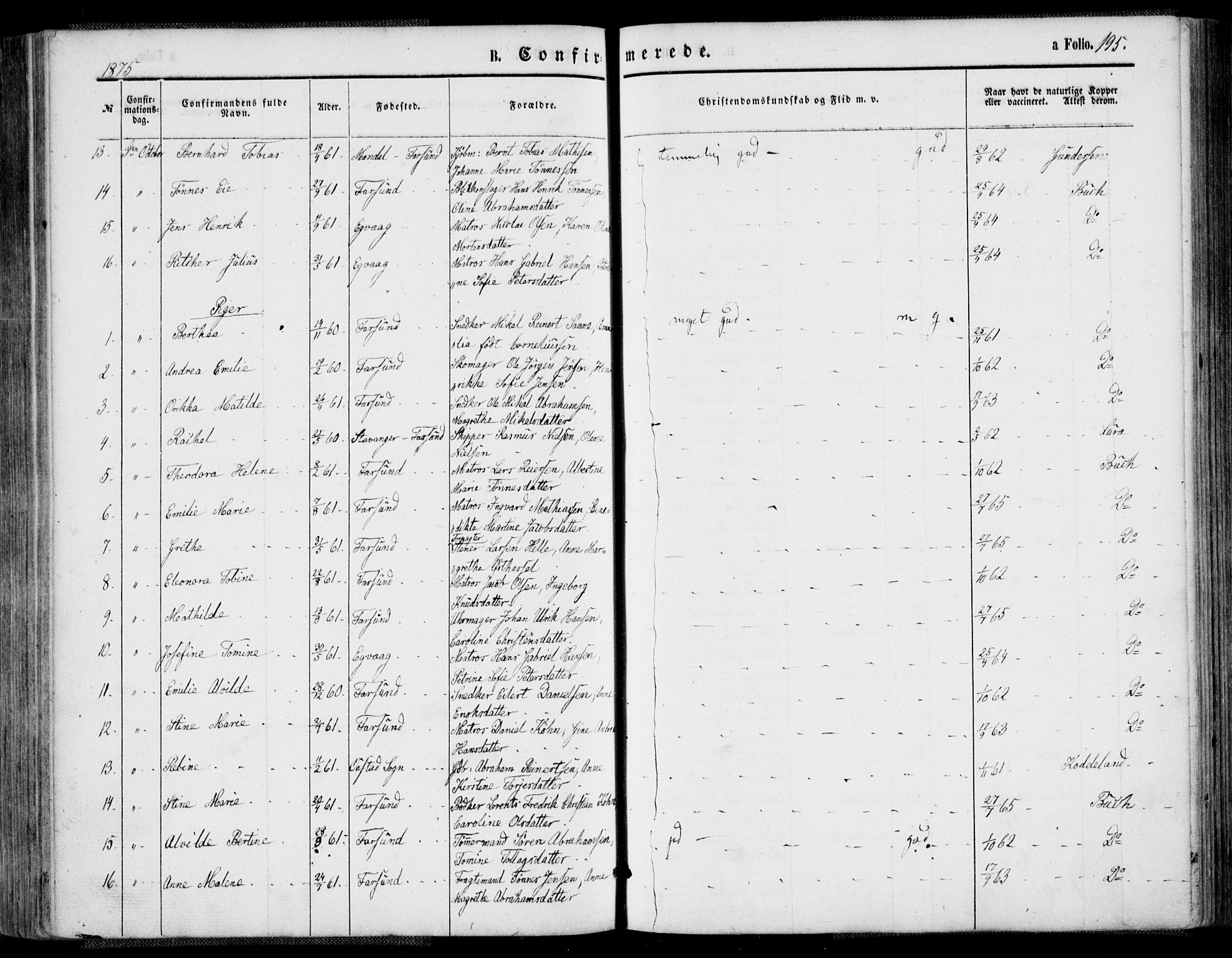 Farsund sokneprestkontor, SAK/1111-0009/F/Fa/L0005: Parish register (official) no. A 5, 1863-1886, p. 195