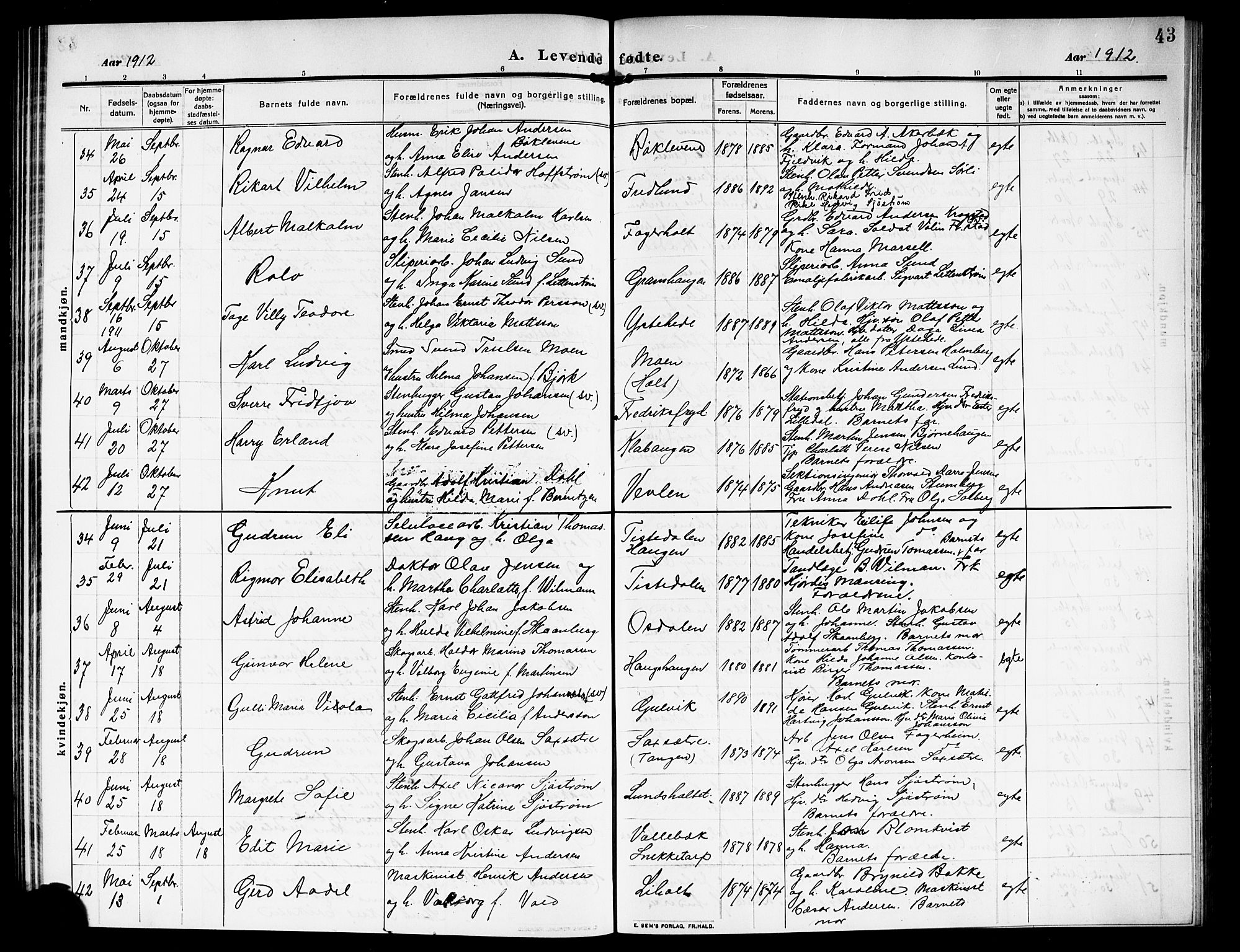 Idd prestekontor Kirkebøker, AV/SAO-A-10911/G/Gb/L0002: Parish register (copy) no. II 2, 1907-1913, p. 43