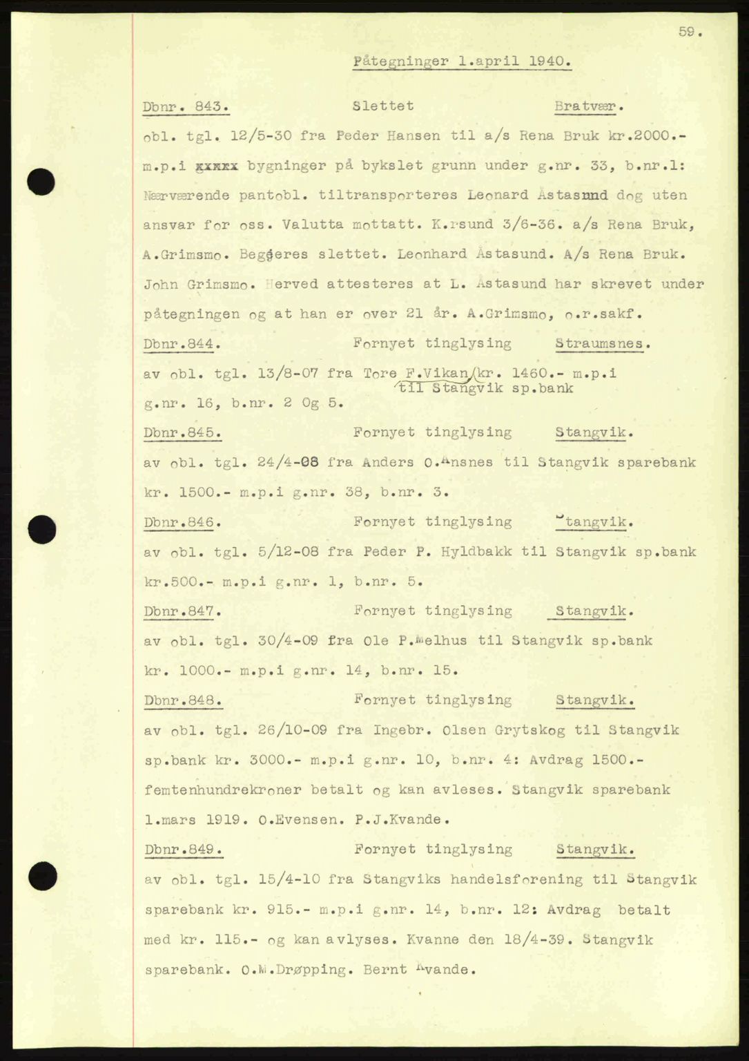 Nordmøre sorenskriveri, AV/SAT-A-4132/1/2/2Ca: Mortgage book no. C81, 1940-1945, Diary no: : 843/1940